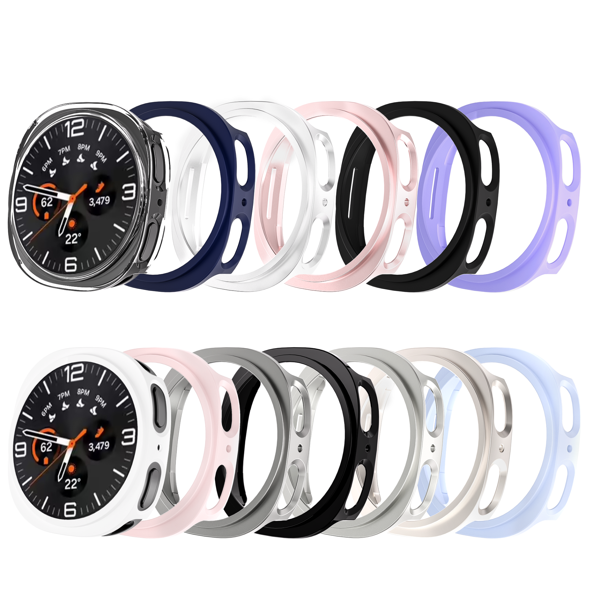 Galaxy Watch 8 protective case in multiple colors including navy, white, pink, black, purple, and gray with matching watch face display