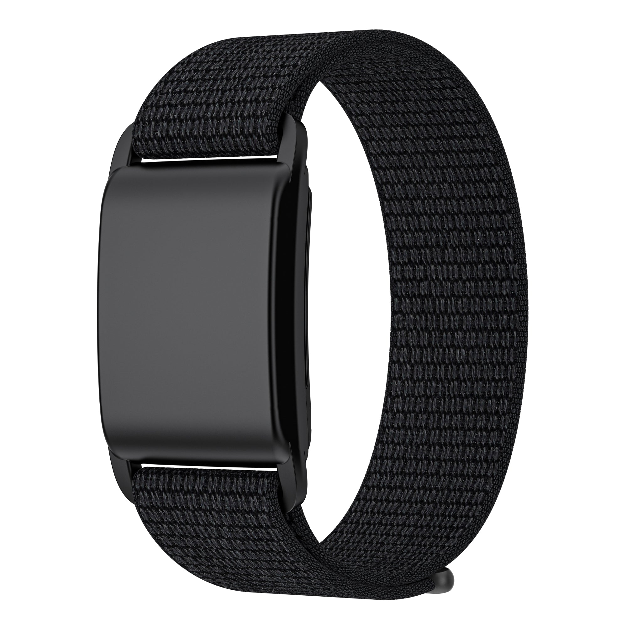 Black nylon sports loop band for fitness tracker with secure buckle closure