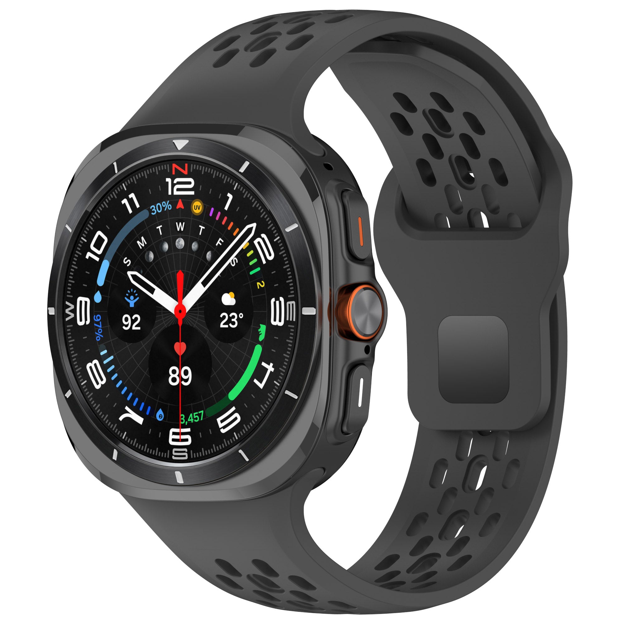 Black sports smartwatch with perforated silicone band, digital display showing time, weather, heart rate and fitness metrics with colorful dashboard