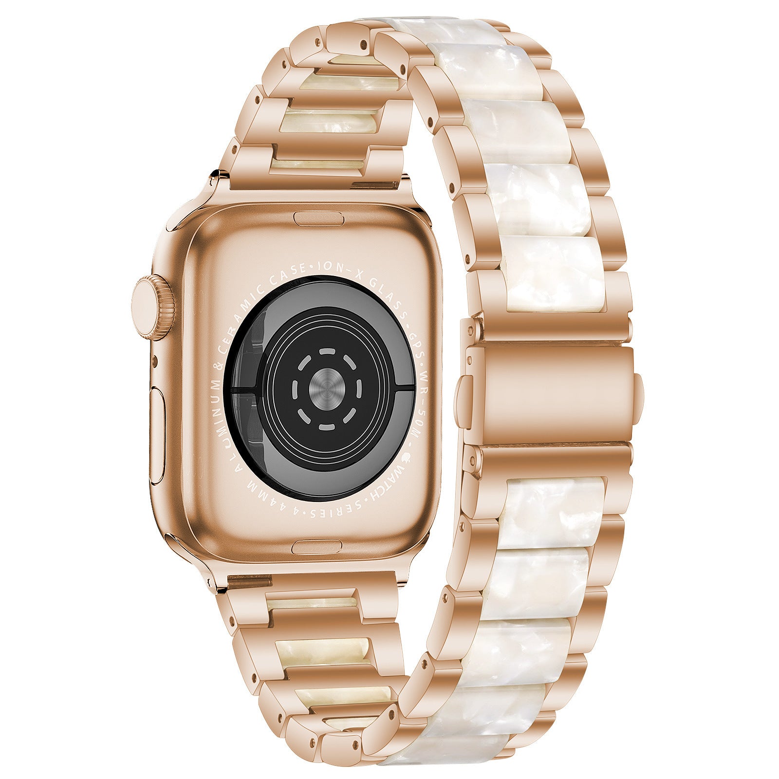 Rose gold stainless steel smartwatch with pearlescent white resin link bracelet and digital display
