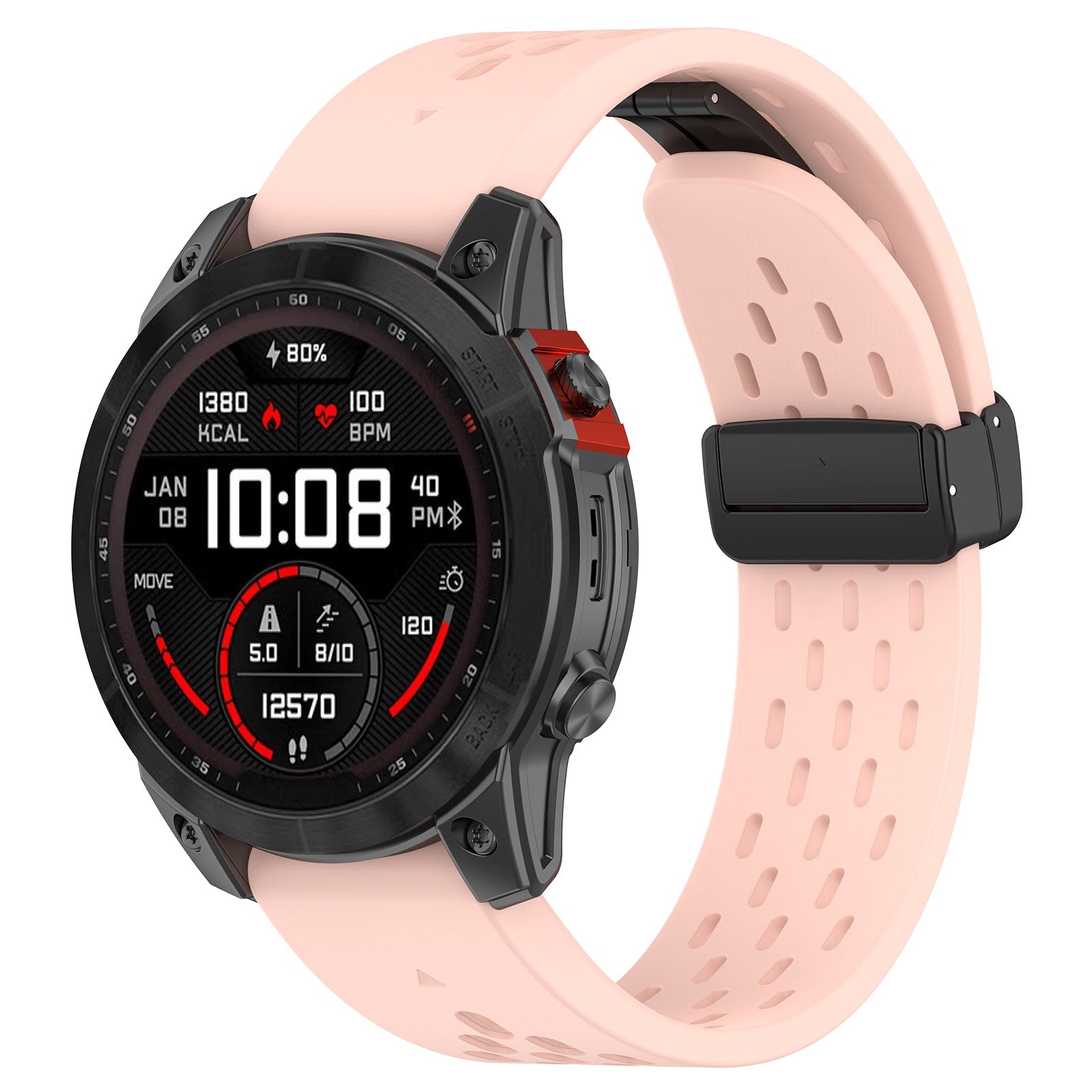 Black sports smartwatch with pink silicone band, heart rate monitor, fitness tracking display, and magnetic clasp closure