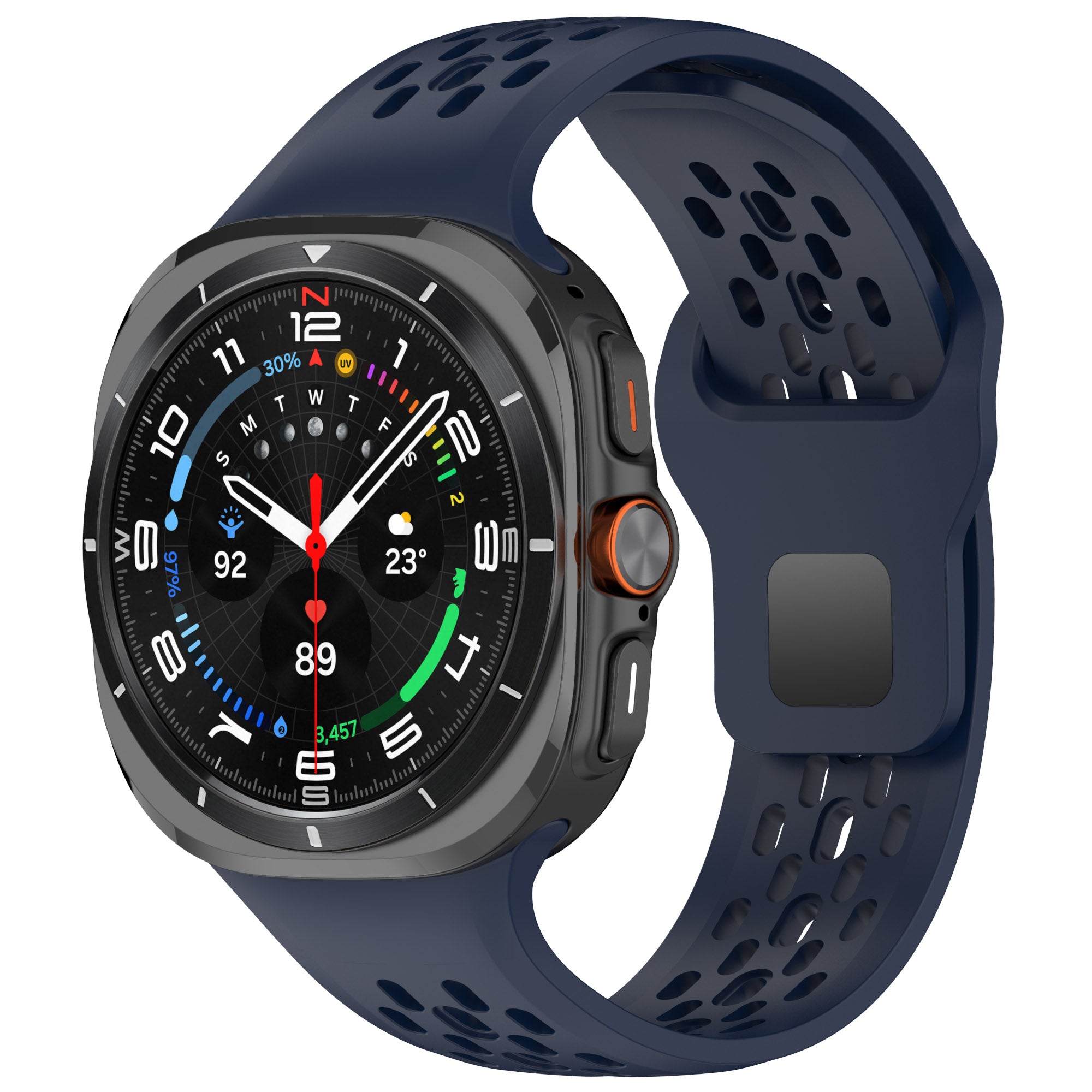 Galaxy Watch Ultra smartwatch with dark blue aero silicone band, titanium case, and multi-function digital watch face displaying health metrics