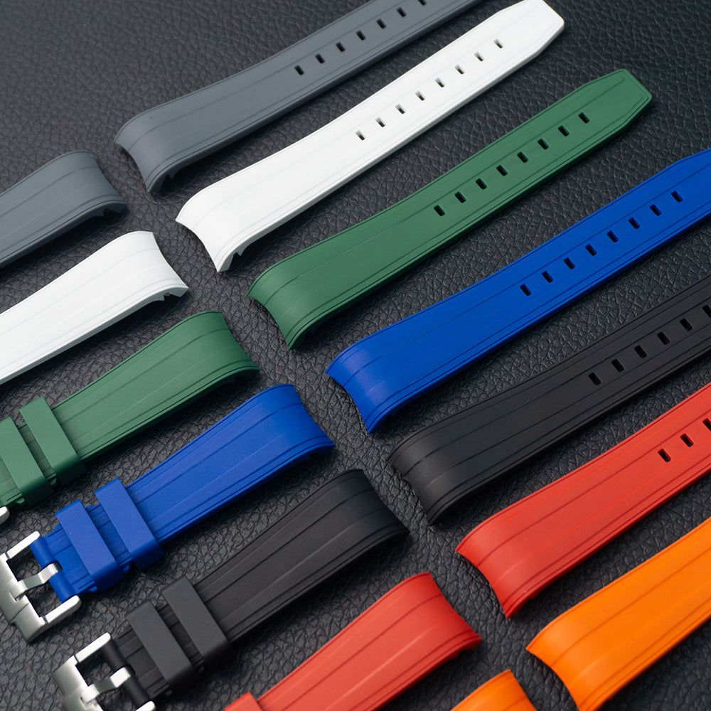 Curved rubber watch bands for Rolex Submariner 21mm in multiple colors including black, white, green, blue, red and orange with dive extension