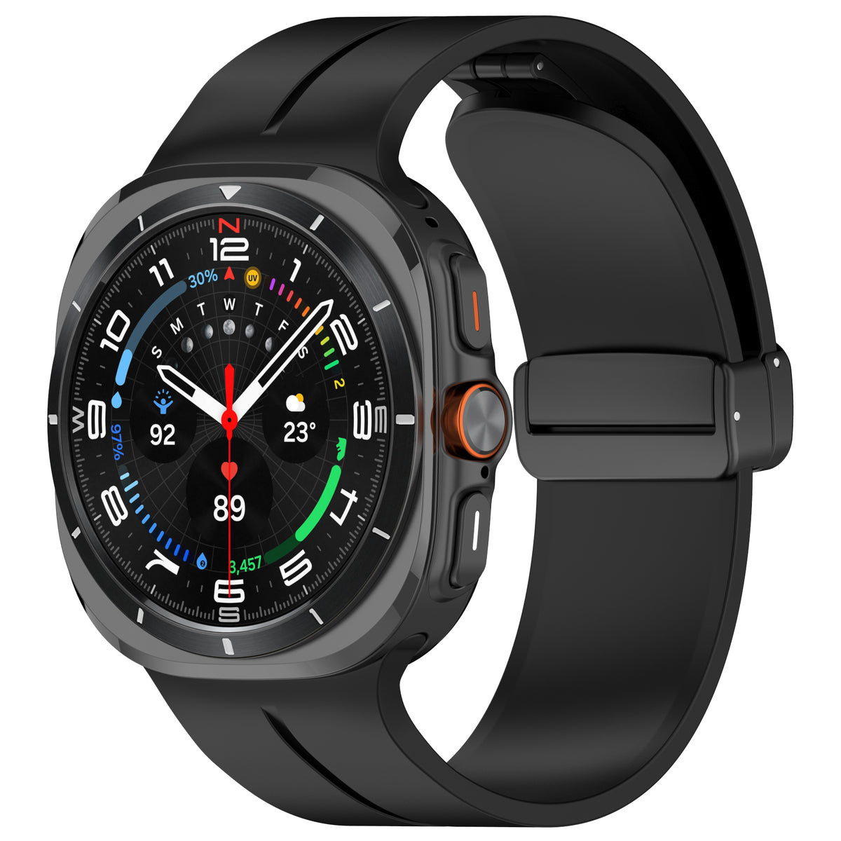 Black smartwatch with digital display showing time, health metrics, and colorful status indicators with magnetic silicone band