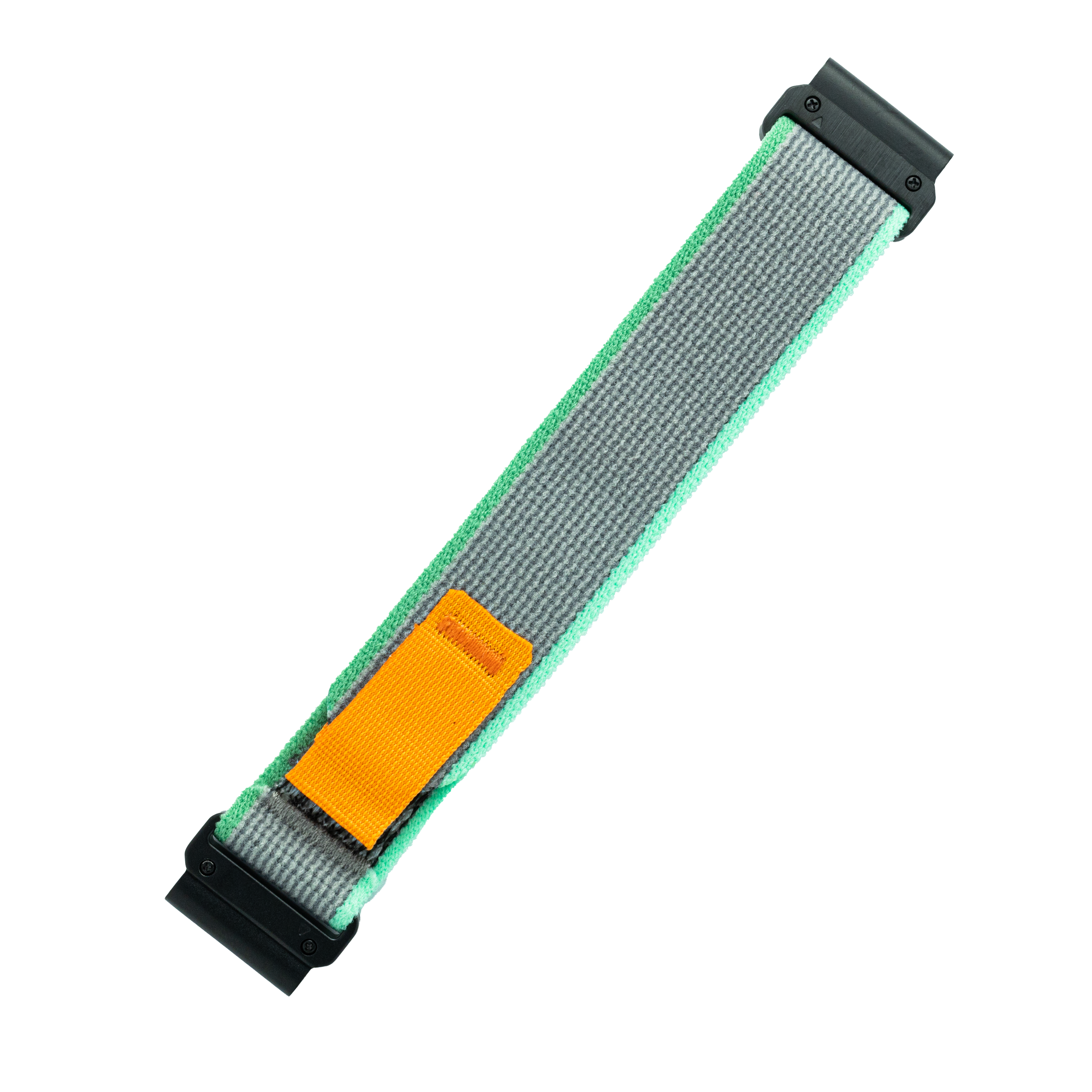Green and gray adjustable trail loop strap with orange patch and black plastic buckle closures