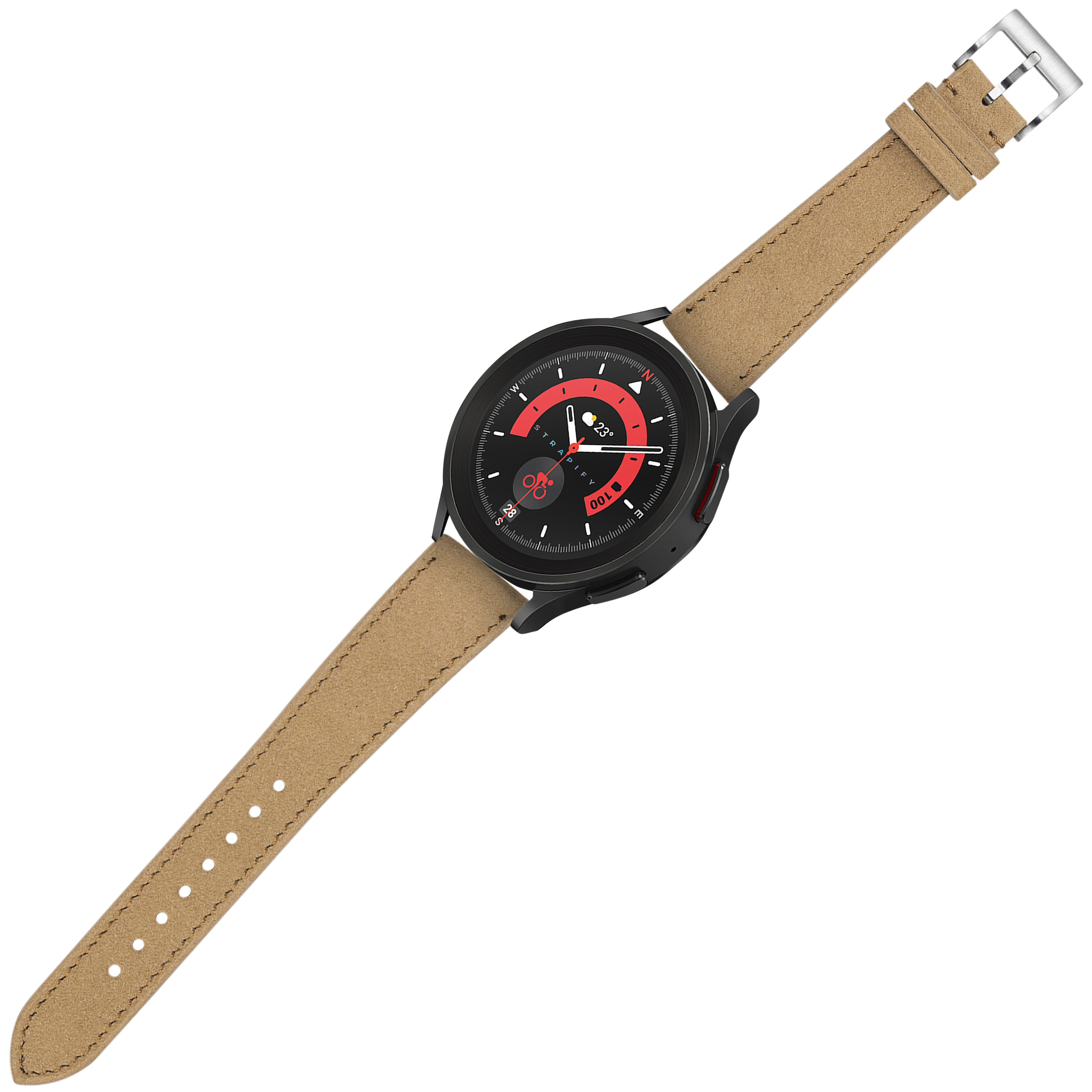 Black smartwatch with red dial, tan alcantara leather quick release strap and silver buckle