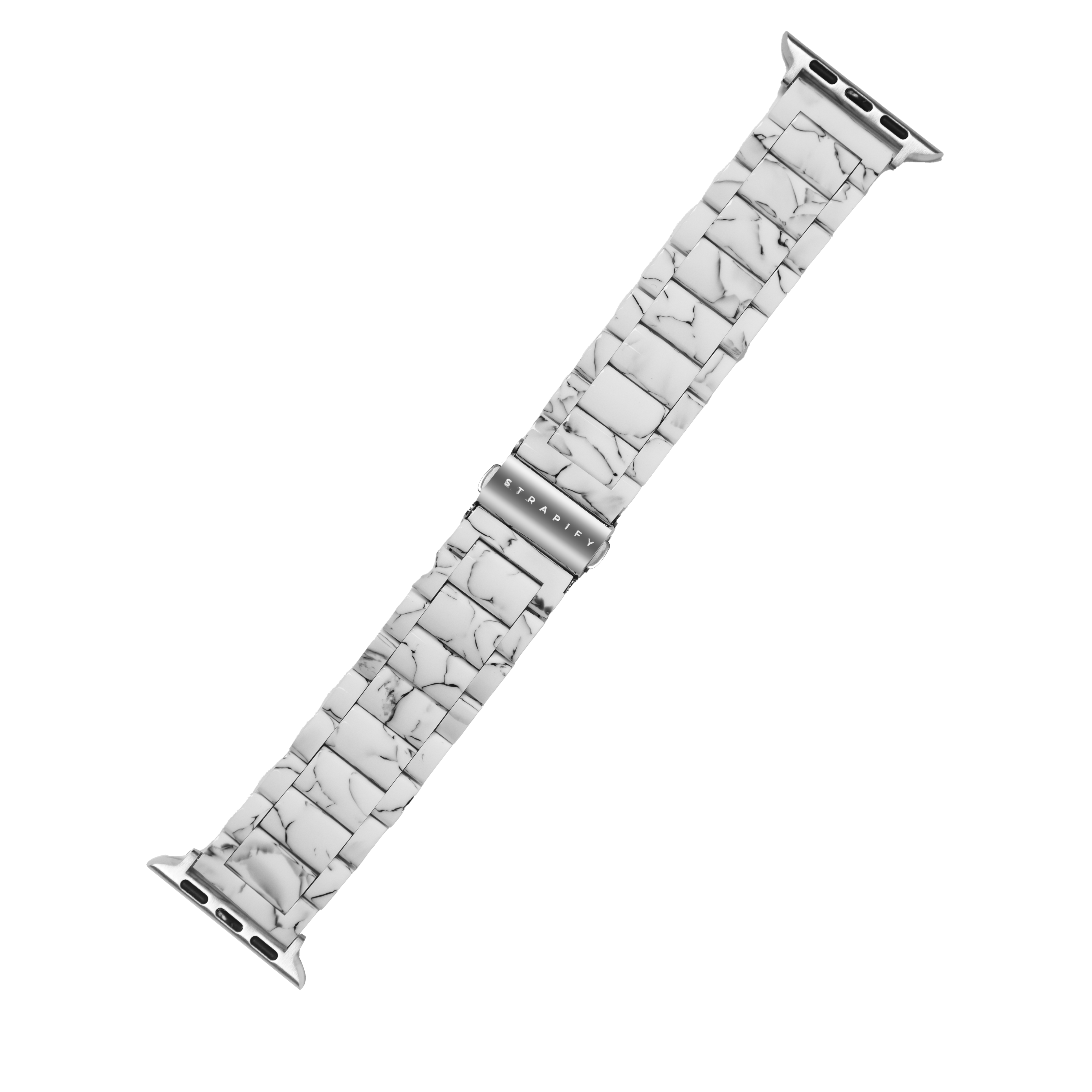 White marble patterned quick release watch band for Apple Watch with tortoiseshell acetate design and metal connectors