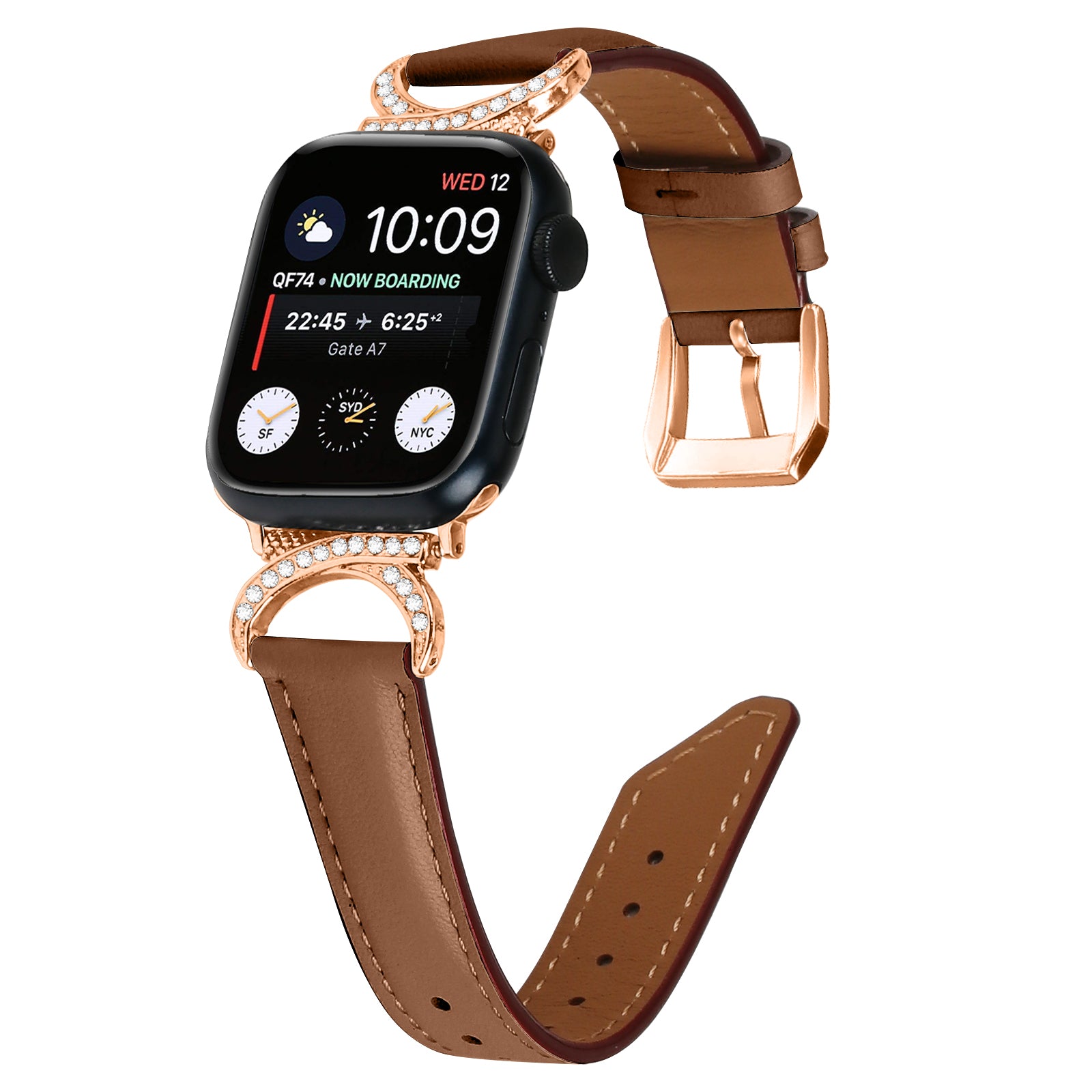 Luxury smartwatch with rose gold crystal-studded case, black display, and tan leather loop band with rose gold hardware