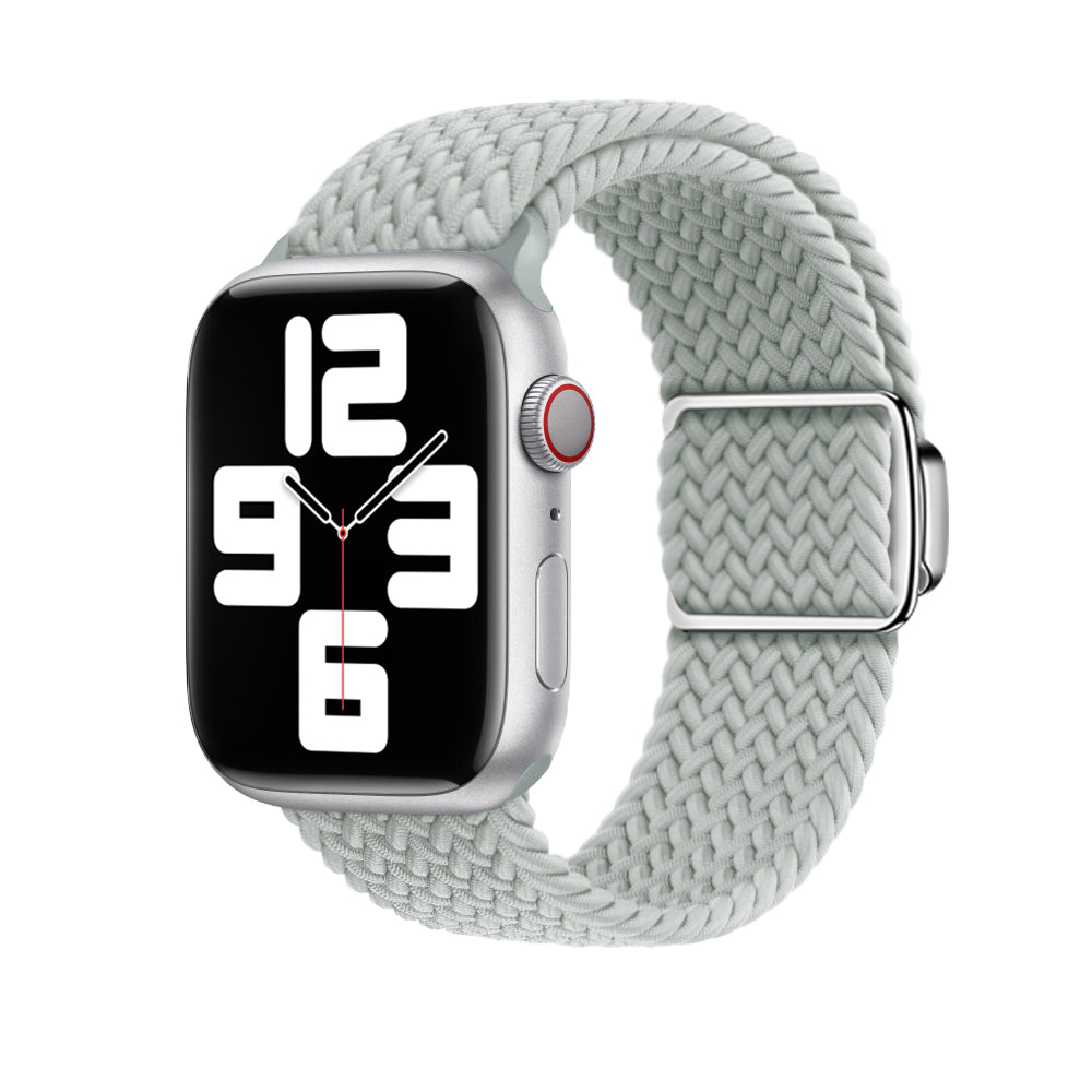 Silver aluminum smartwatch with braided sage green loop band and magnetic clasp closure