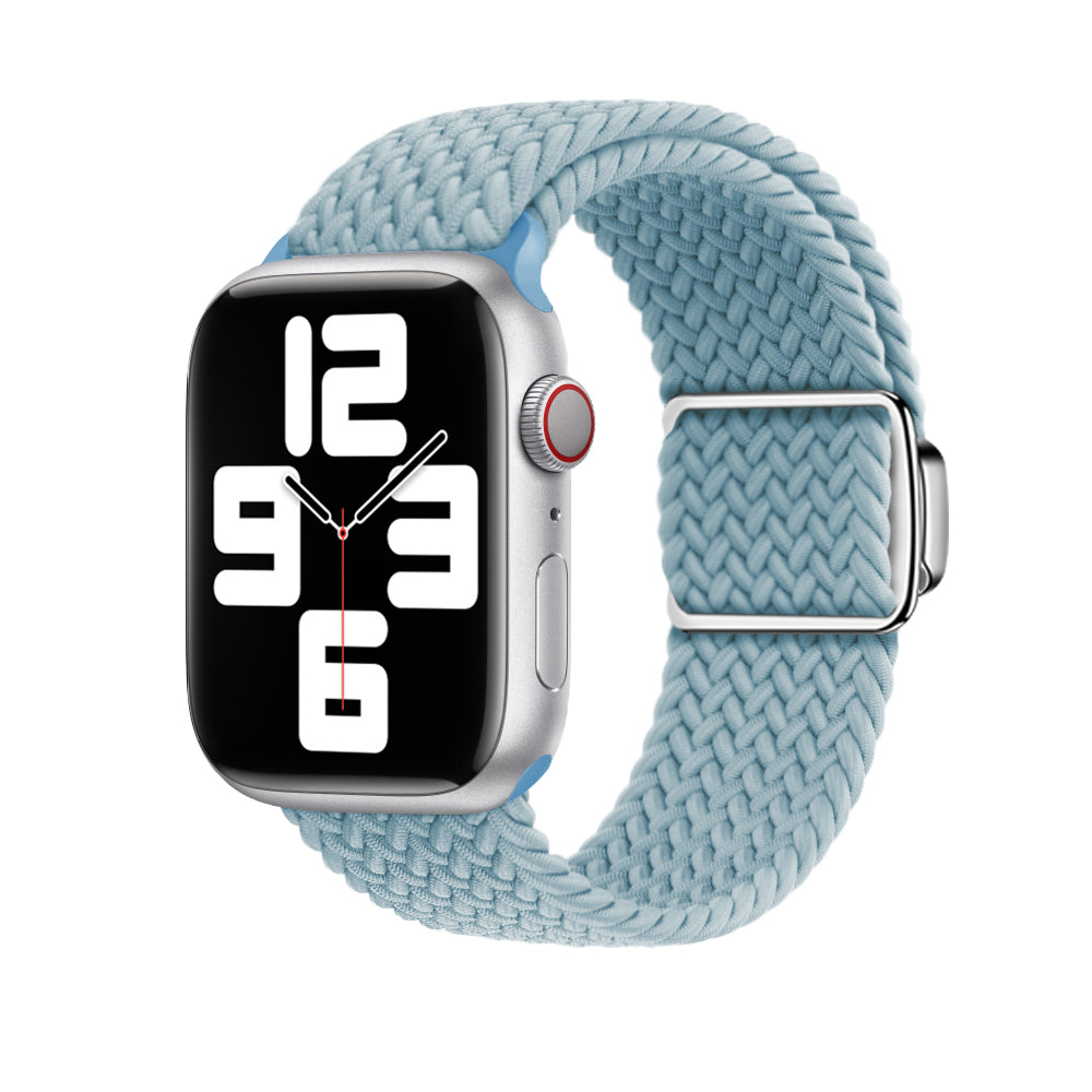 Smartwatch with silver aluminum case and light blue braided loop band with magnetic clasp closure