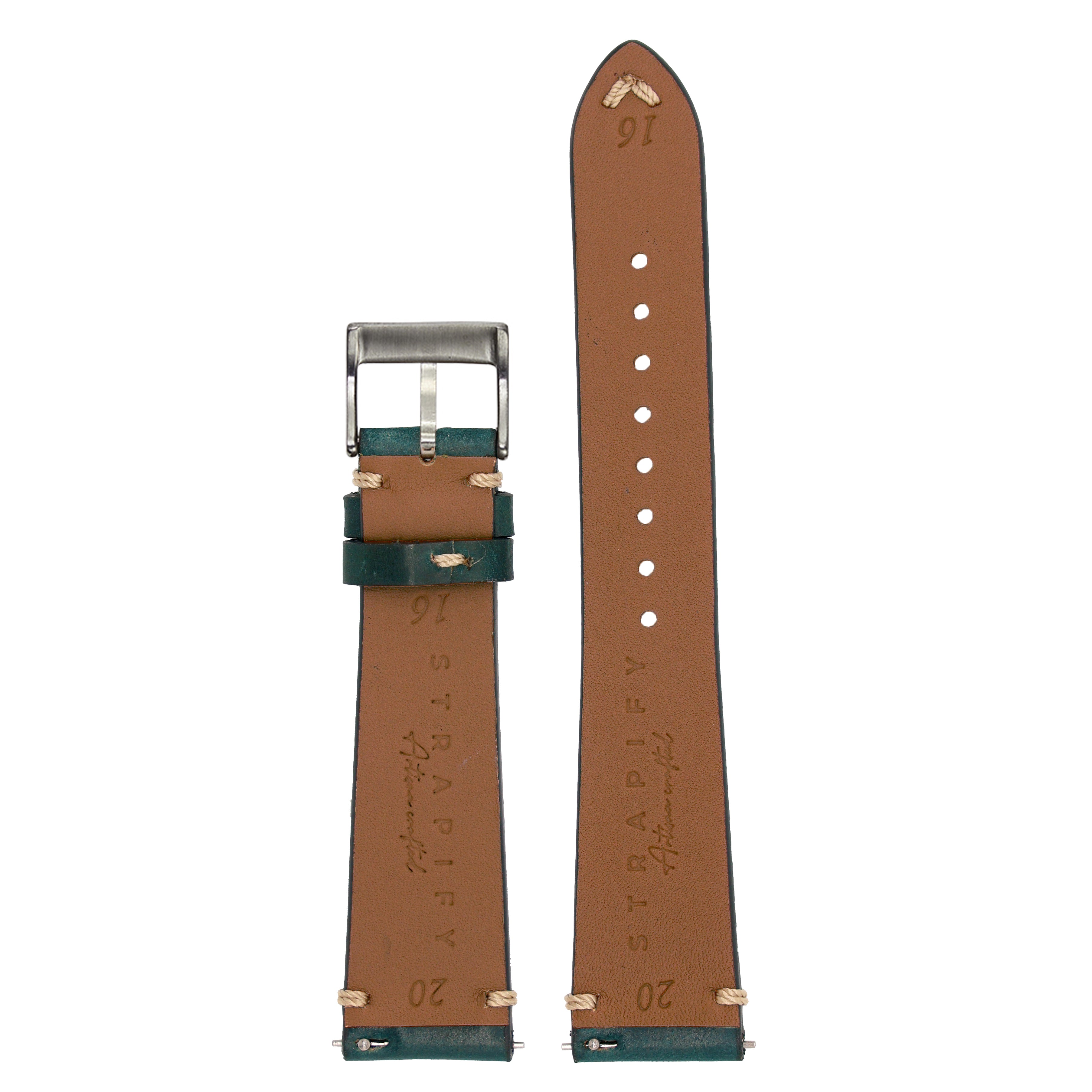 Tan leather watch strap with green Horween Shell Cordovan accents, quick release pins, and stainless steel buckle