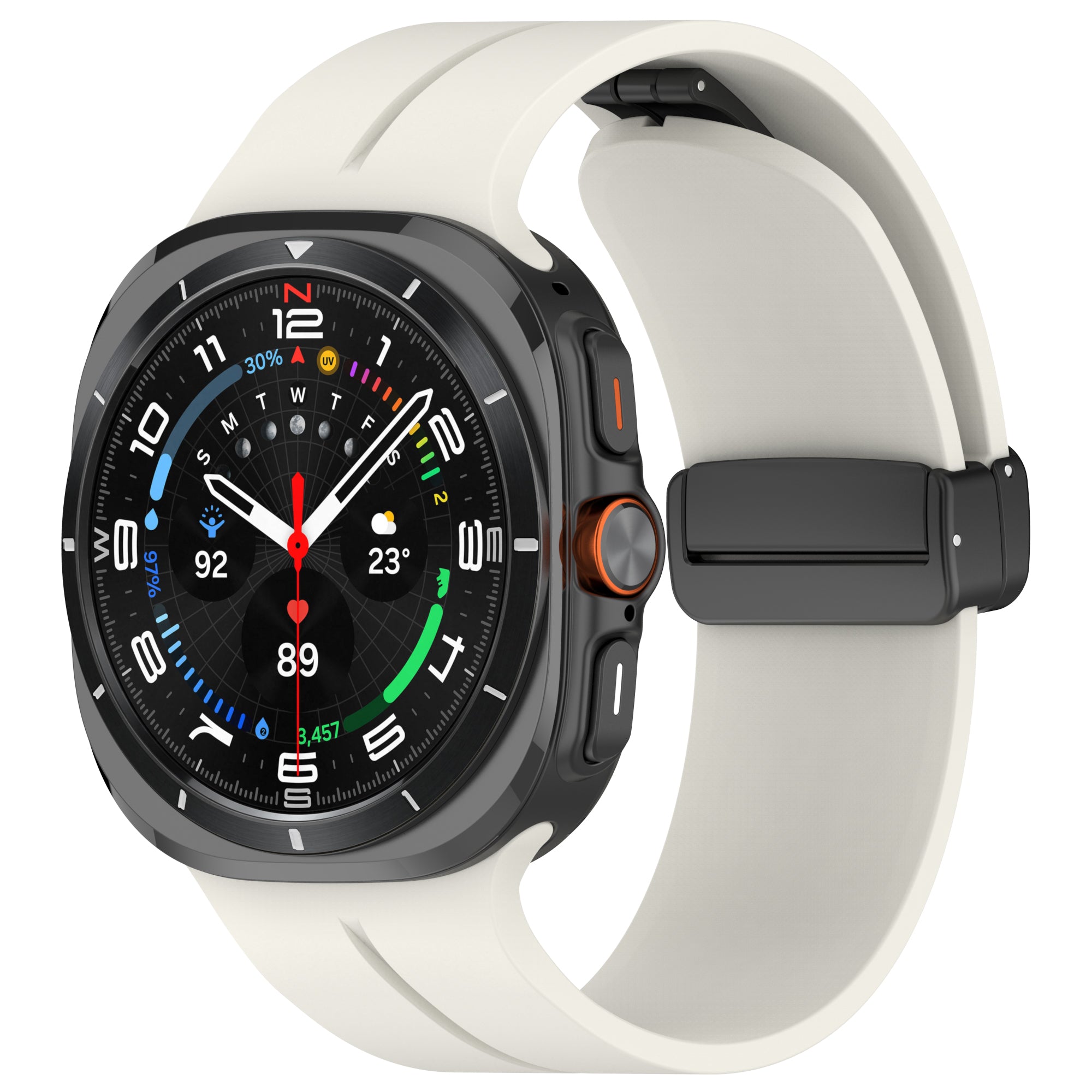 Galaxy Watch Ultra smartwatch with cream silicone band and magnetic deployant clasp, featuring black digital dial with health metrics display