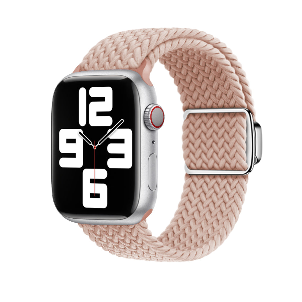 Silver aluminum smartwatch with braided pink fabric loop band and magnetic clasp, displaying time on black screen