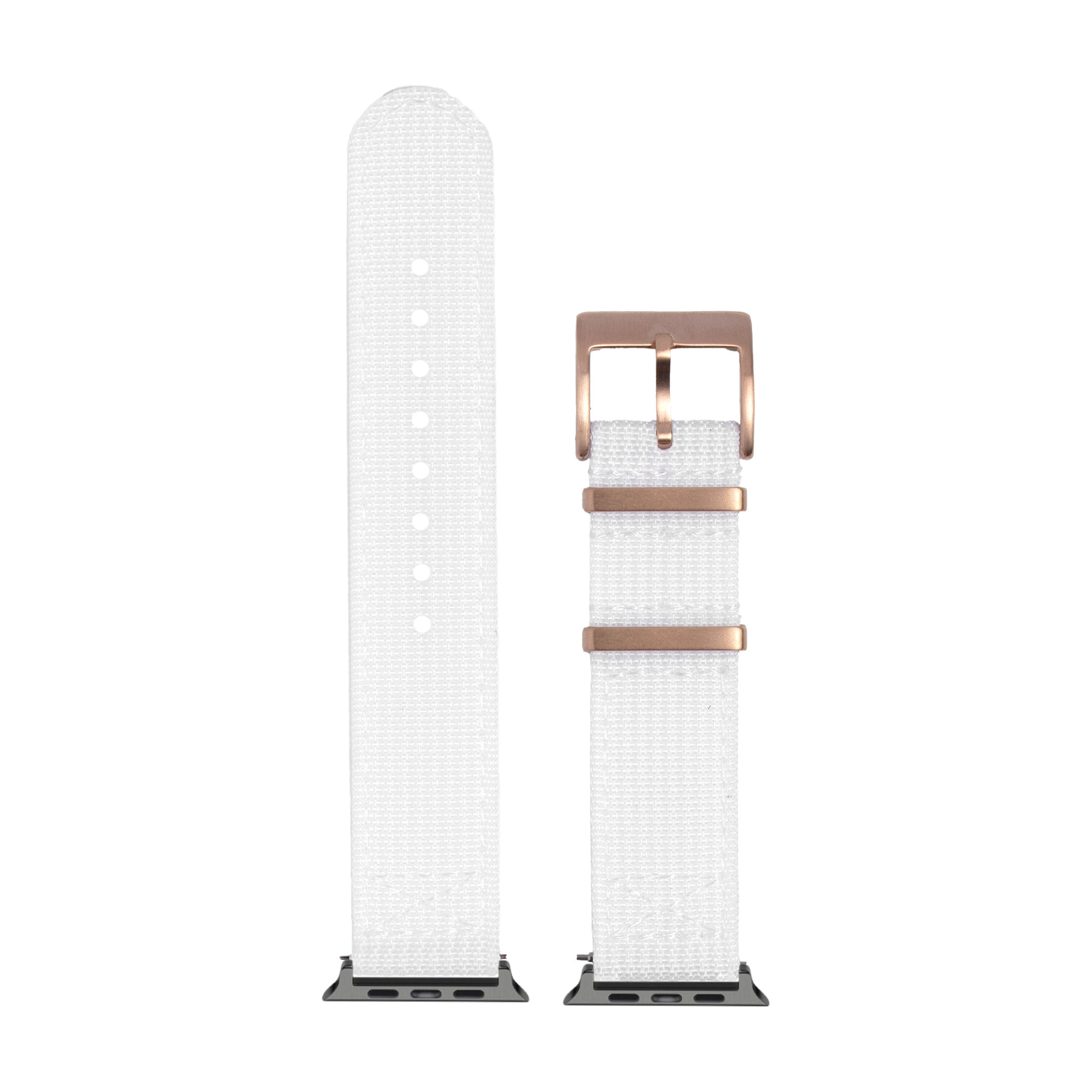 White canvas Apple Watch band with rose gold buckle and keepers, shown extended and attached to watch case