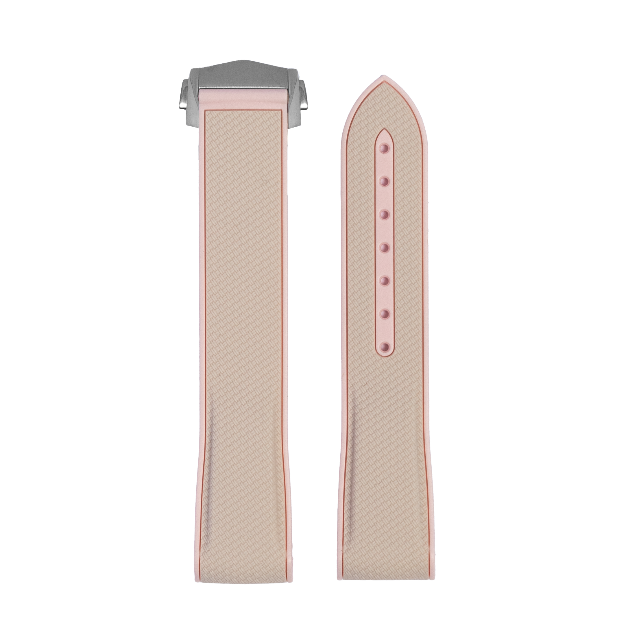 Pink textured hybrid watch strap with quick-release pins and adjustment holes, displayed flat view