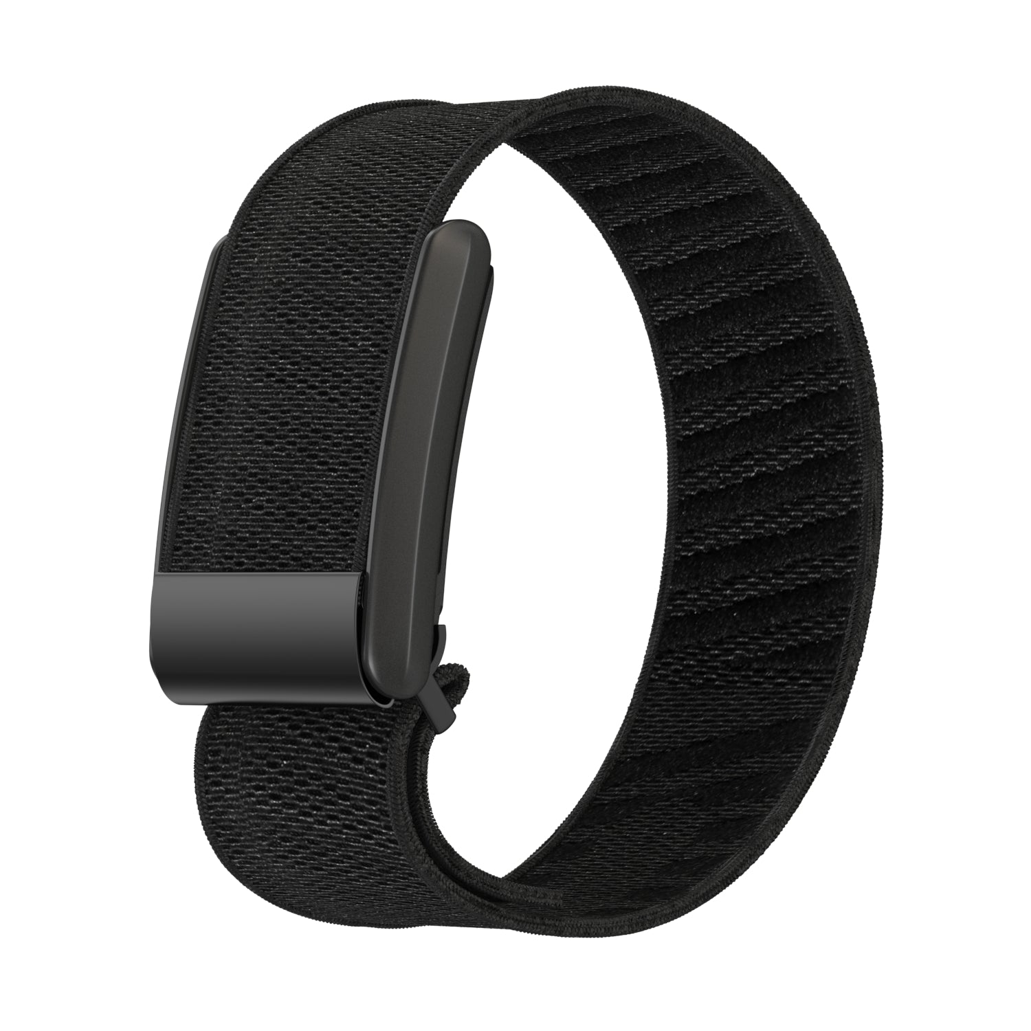Black fabric loop band fitness tracker with woven textile strap and dark metal clasp closure