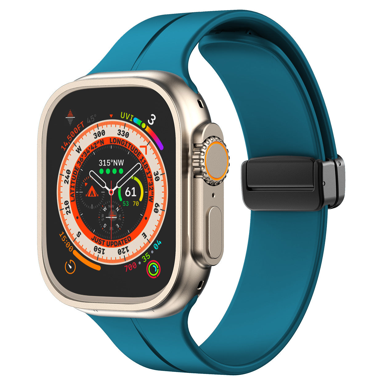 Stainless steel smartwatch with teal silicone band and magnetic clasp closure displaying compass and fitness tracking interface