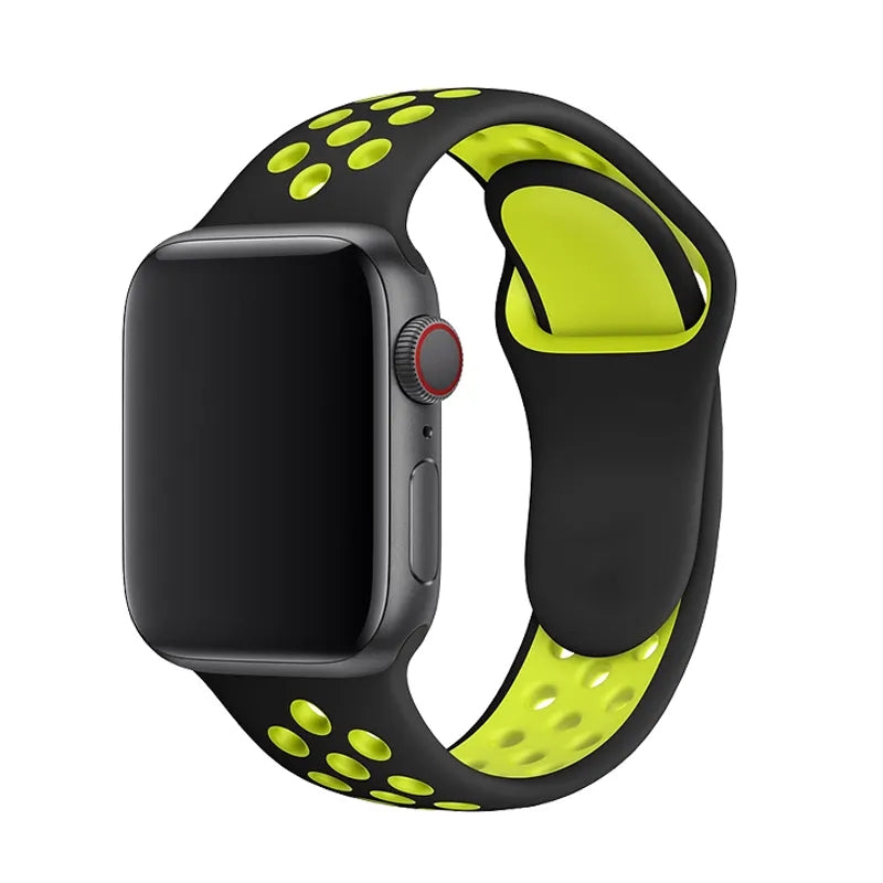Black and neon yellow silicone sport band for Apple Watch with perforated ventilation holes and dual-tone design