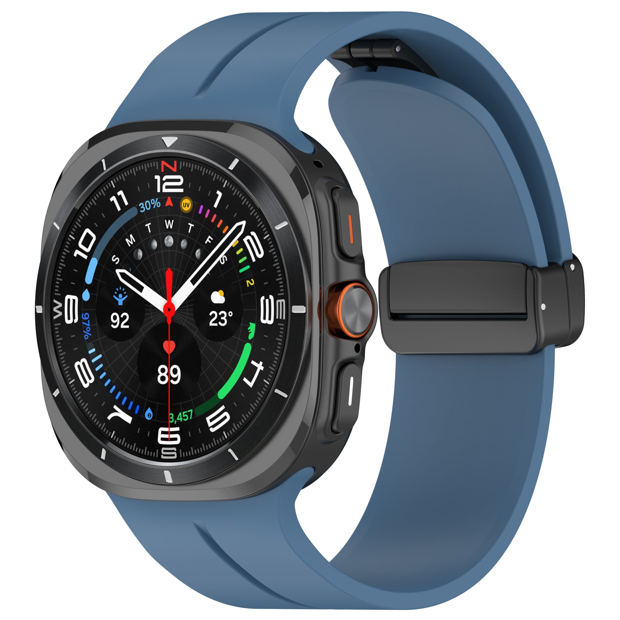 Slate Galaxy Watch Ultra with blue silicone magnetic band and deployant clasp, displaying health metrics and weather data on black dial