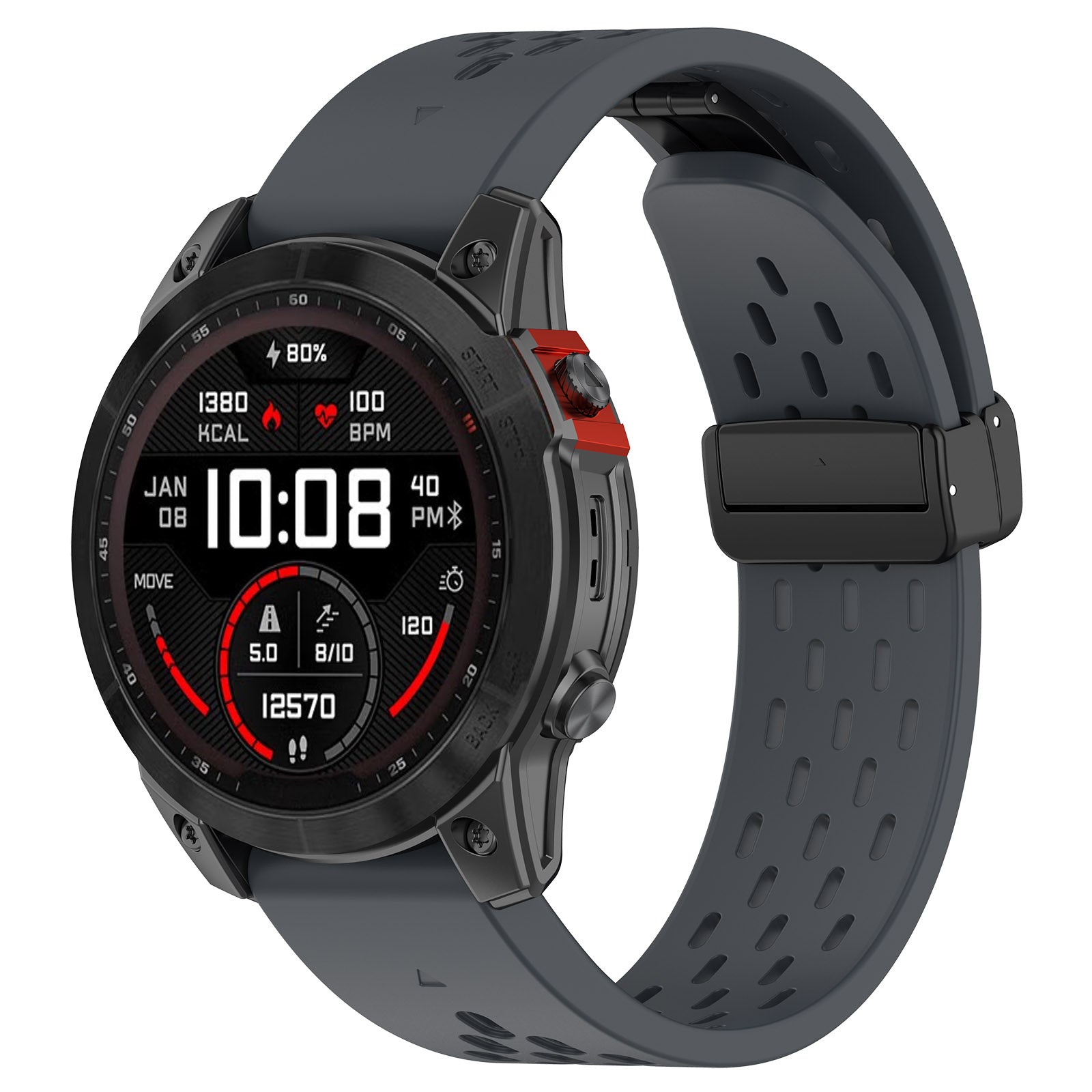 Black smartwatch with gray silicone strap, magnetic clasp, displaying fitness metrics including heart rate, calories, and BPM