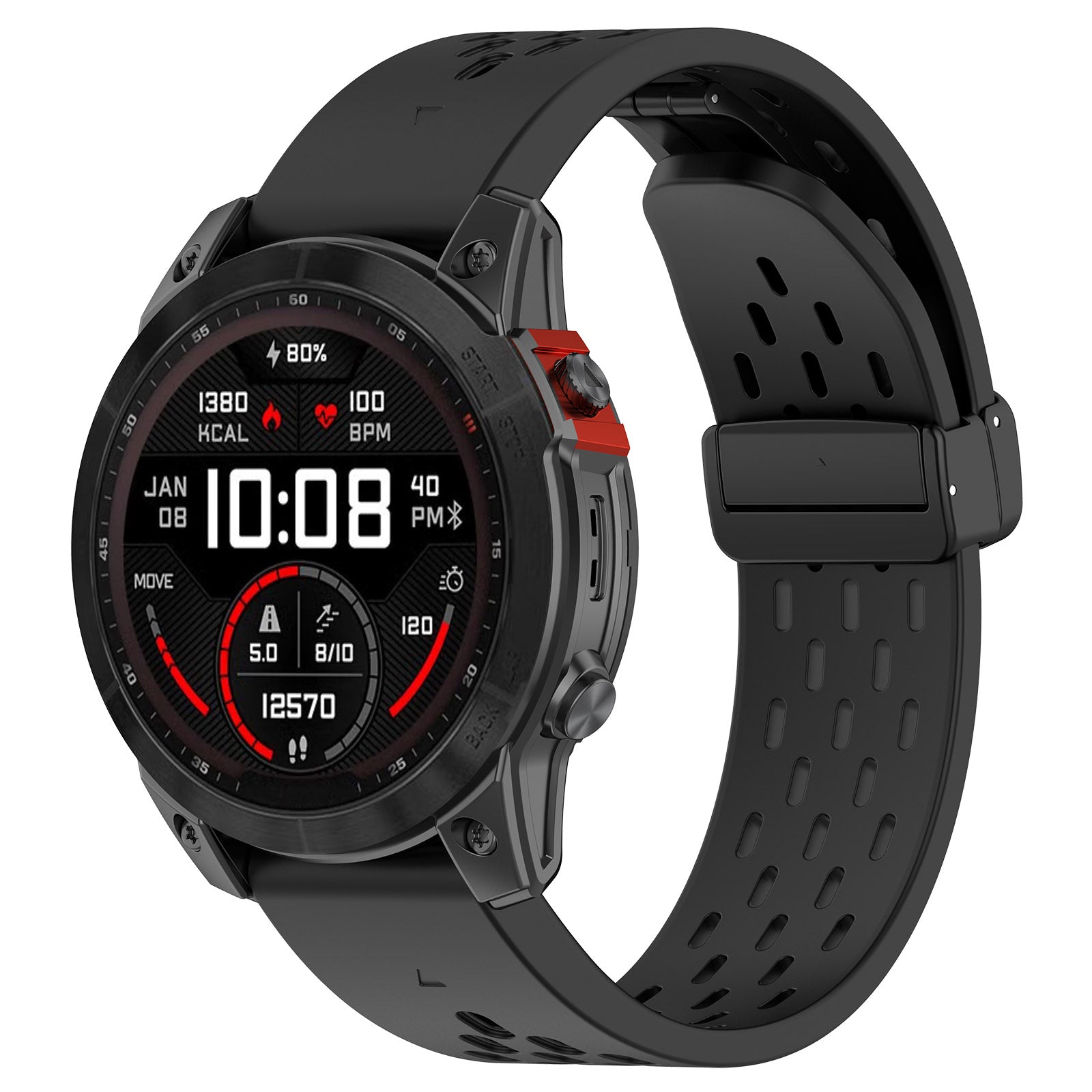 Black sports smartwatch with red accents displaying fitness metrics, heart rate, and time with silicone band and magnetic clasp