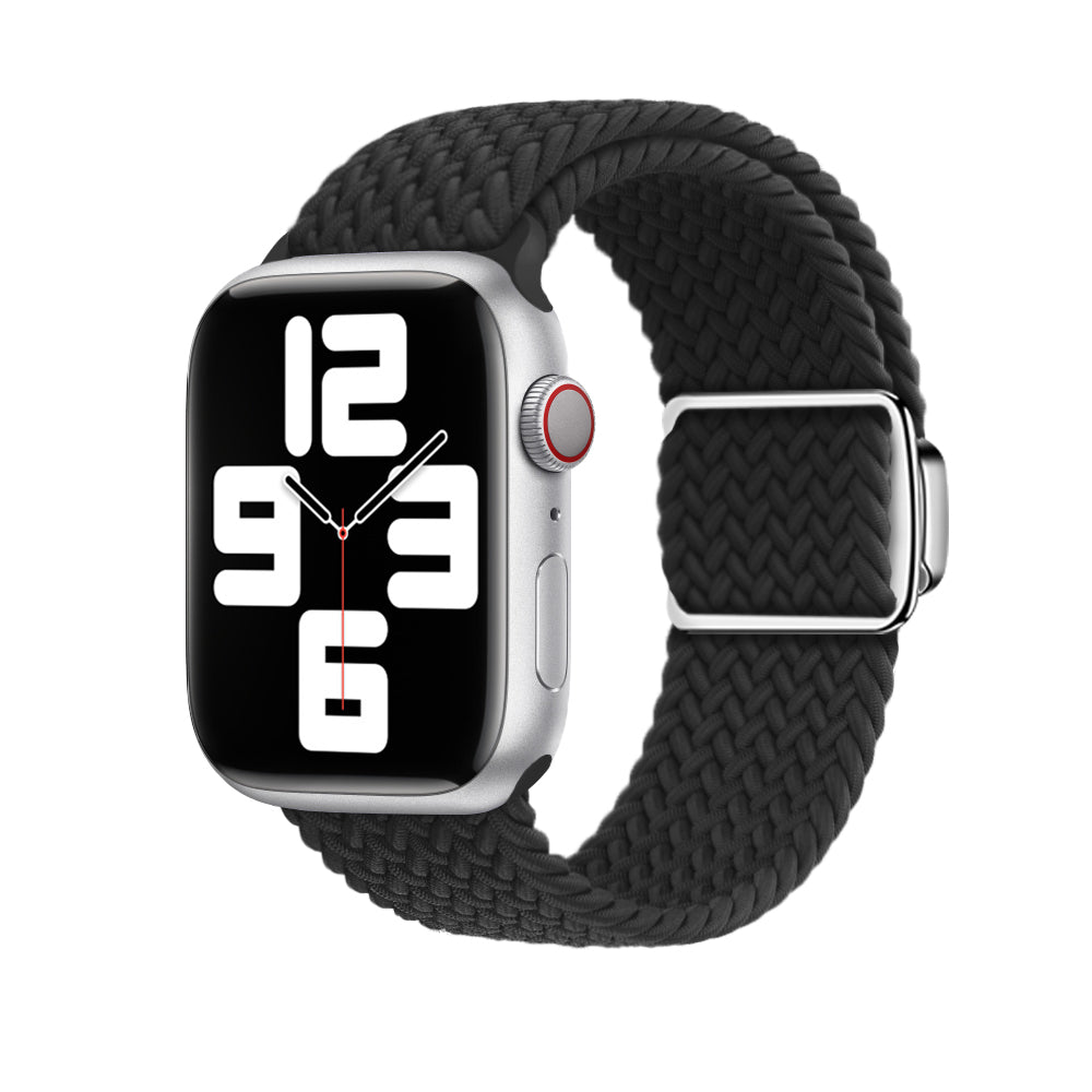 Silver aluminium smartwatch with black braided loop band and magnetic clasp, displaying time on digital face