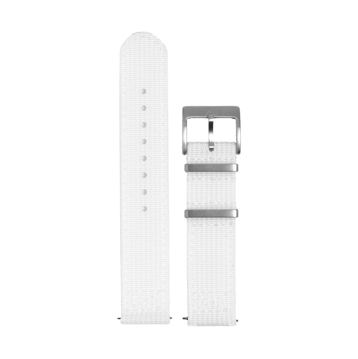 White nylon fabric watch band with metal buckle and adjustable holes for Fitbit Versa and Sense smartwatches