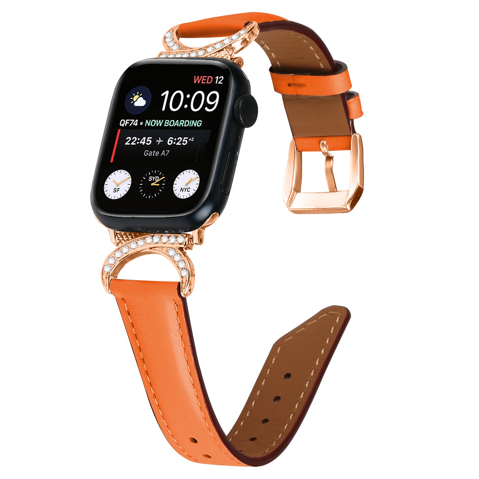 Luxury smartwatch with rose gold diamond case, black face displaying time and flight information, paired with orange and brown leather straps