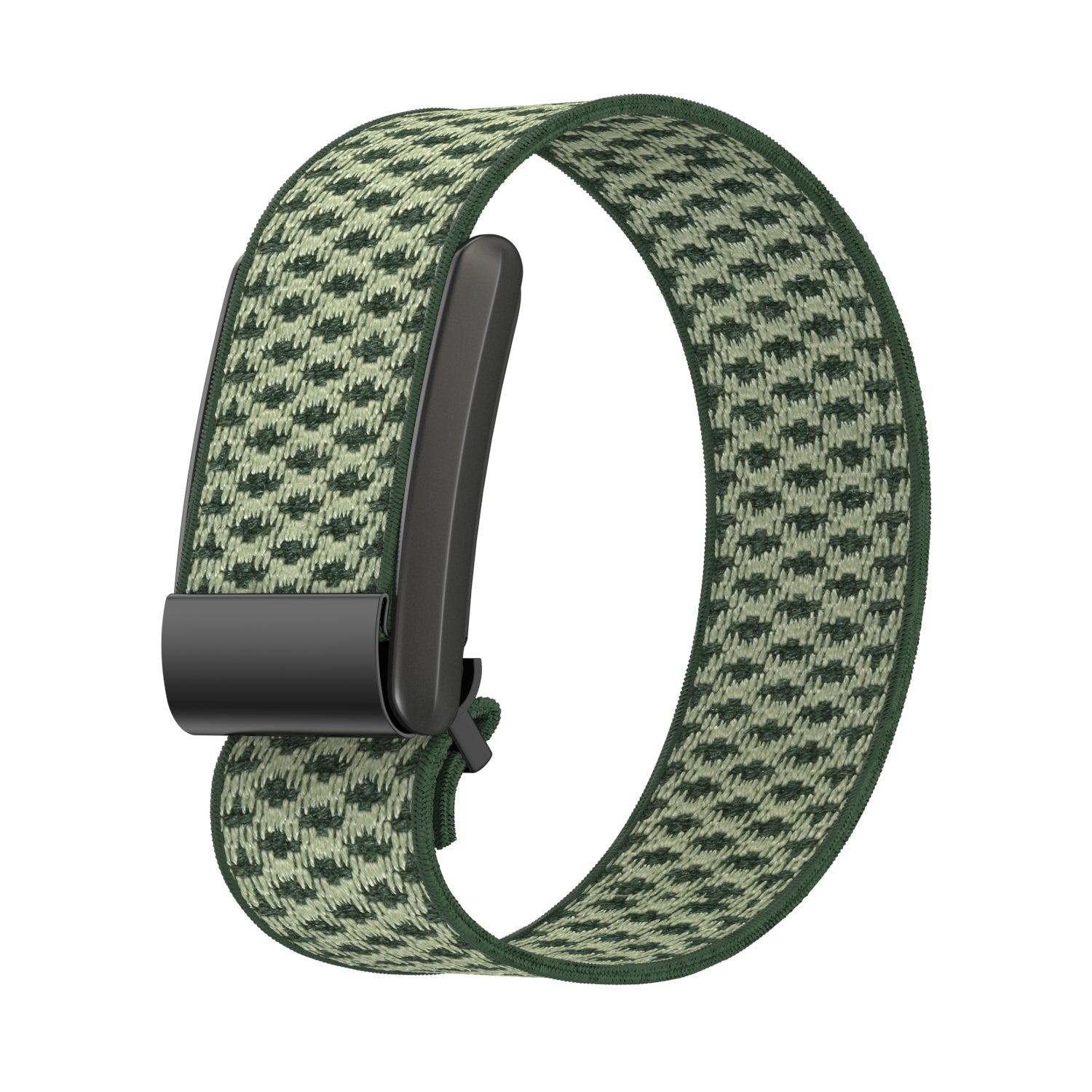 Green knit fabric strap with houndstooth pattern and black buckle for Whoop 4 fitness tracker