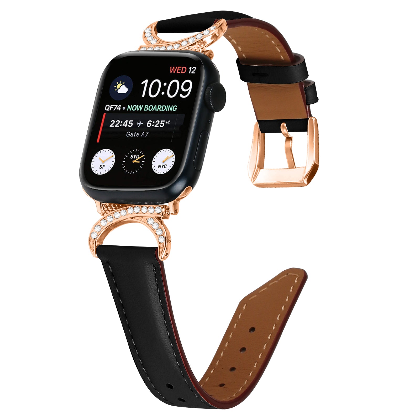 Rose gold diamond smartwatch with black display showing flight boarding info, paired with black and tan leather interchangeable bands