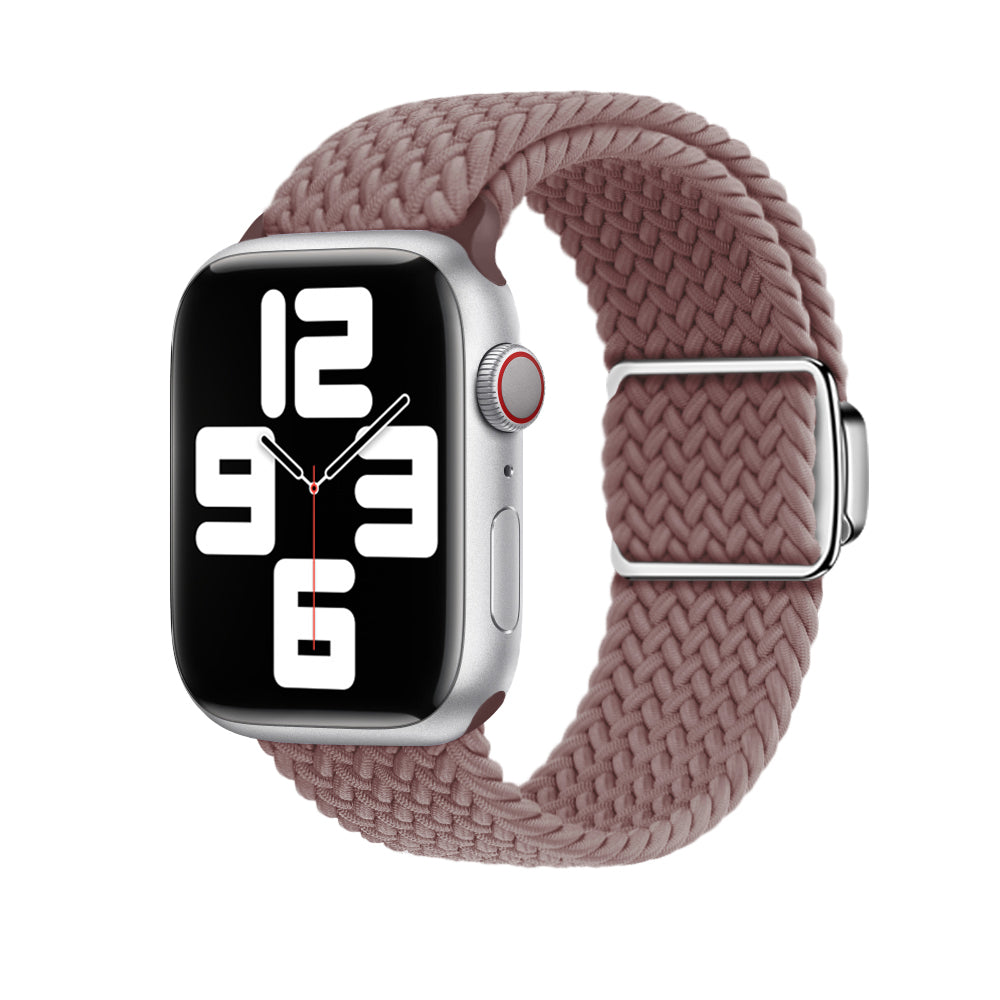 Silver aluminium Apple Watch with braided mauve fabric loop band and magnetic clasp, digital time display