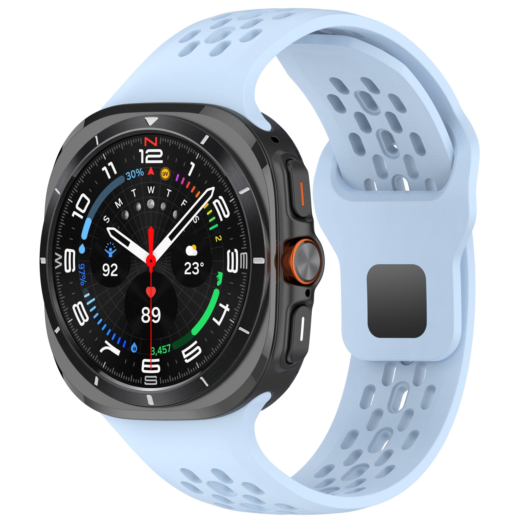 Black Galaxy Watch Ultra with light blue perforated silicone sport band featuring multi-function digital watch face display