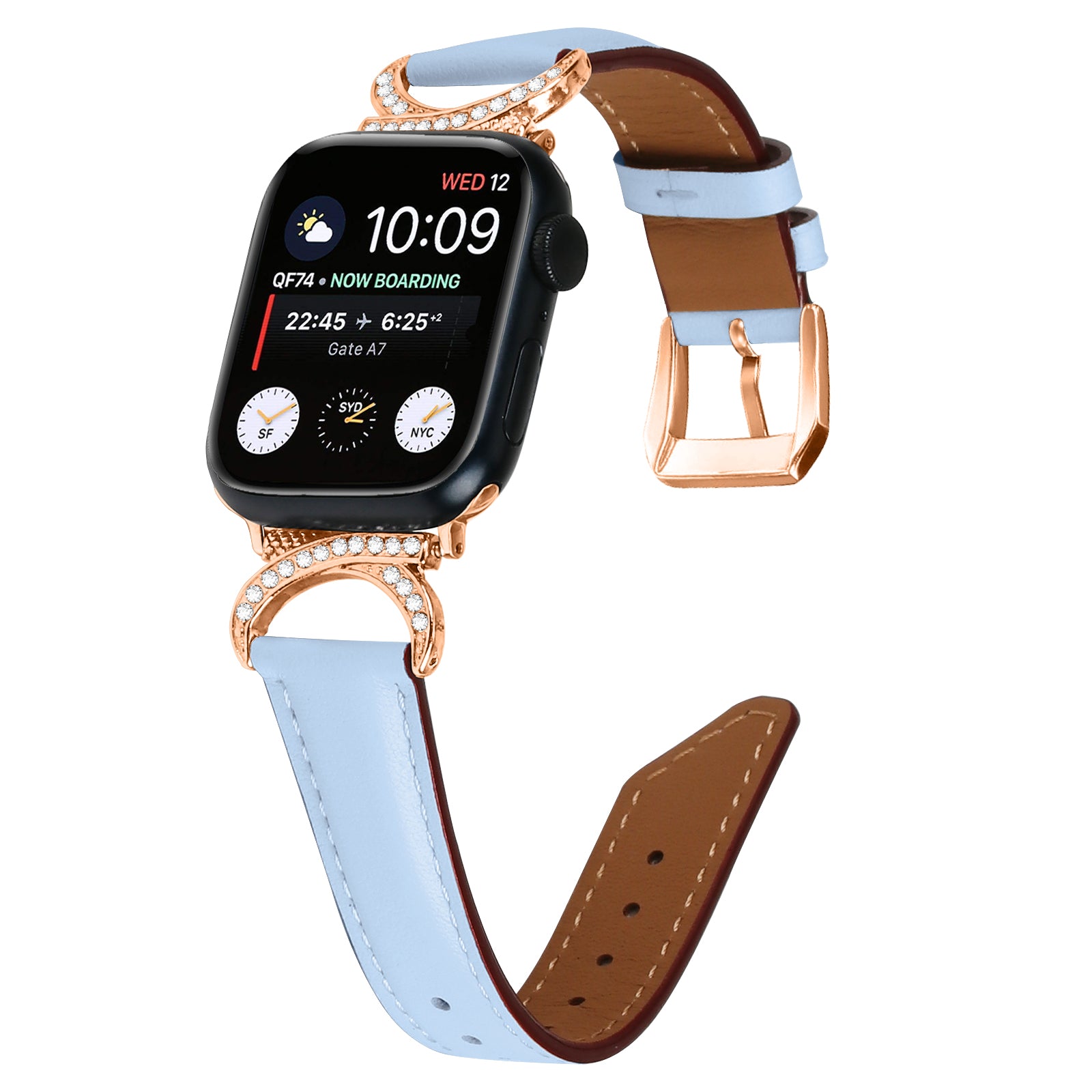 Rose gold smartwatch with black face and light blue leather strap with brown interior and crystal accents
