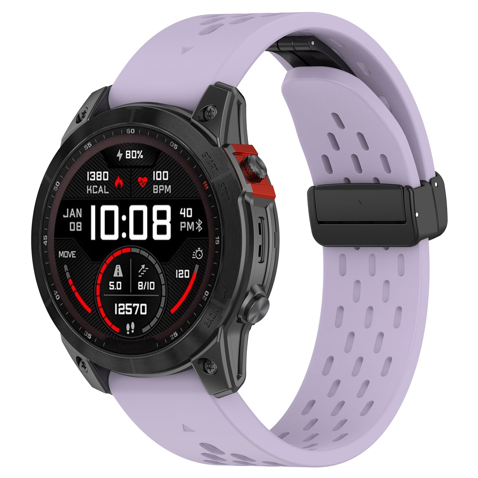 Smartwatch with black case, AMOLED display showing fitness stats, and lavender perforated silicone band with magnetic clasp