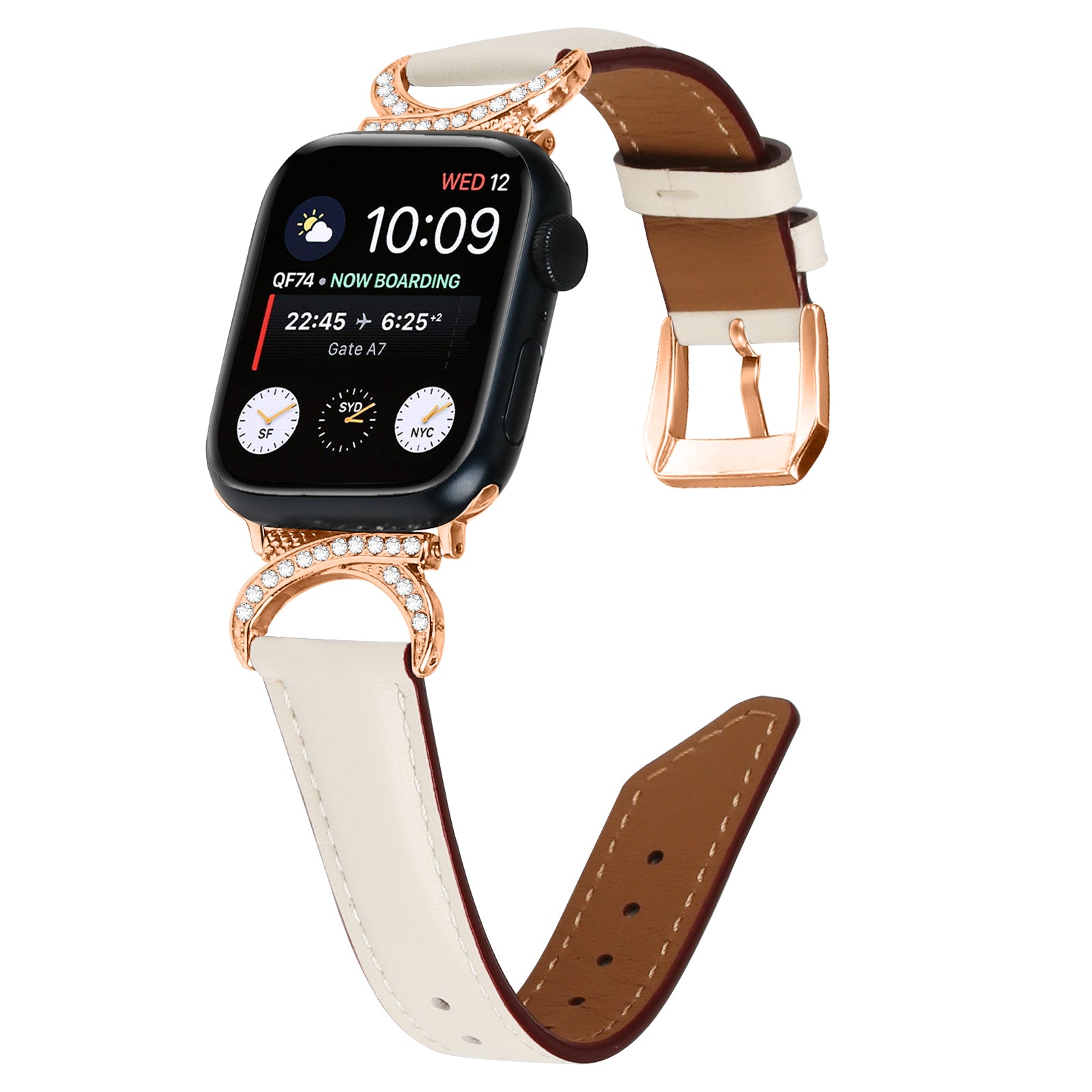 Rose gold diamond-studded Apple Watch with cream and brown leather band featuring rose gold buckle and interchangeable strap