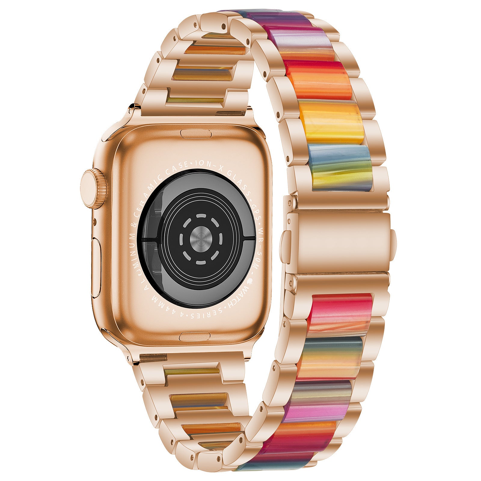 Rose gold Apple Watch with colorful pearlescent rainbow striped stainless steel bracelet band