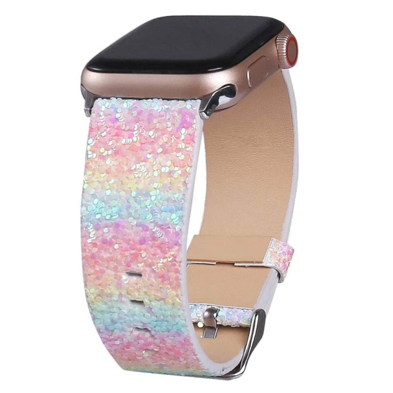 Pastel rainbow sequin glitter Apple Watch band with rose gold case and tan leather back, metal connectors