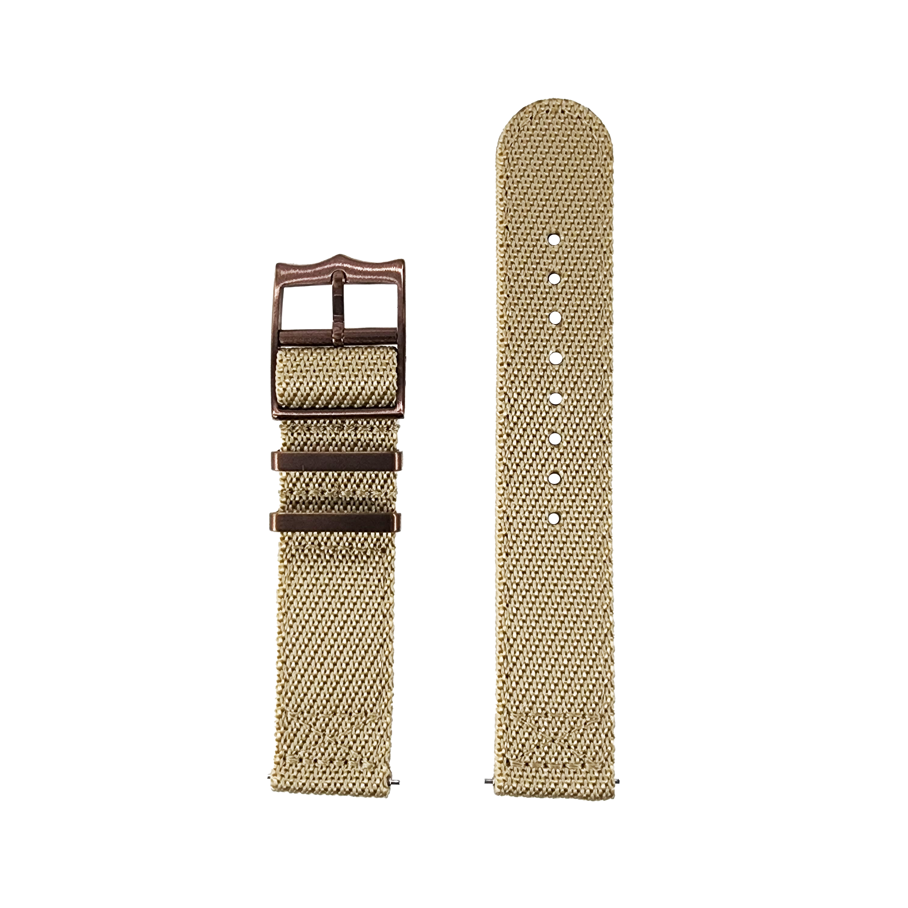 Beige canvas watch band with bronze buckle for Fitbit Versa and Sense smartwatches, shown assembled and unassembled