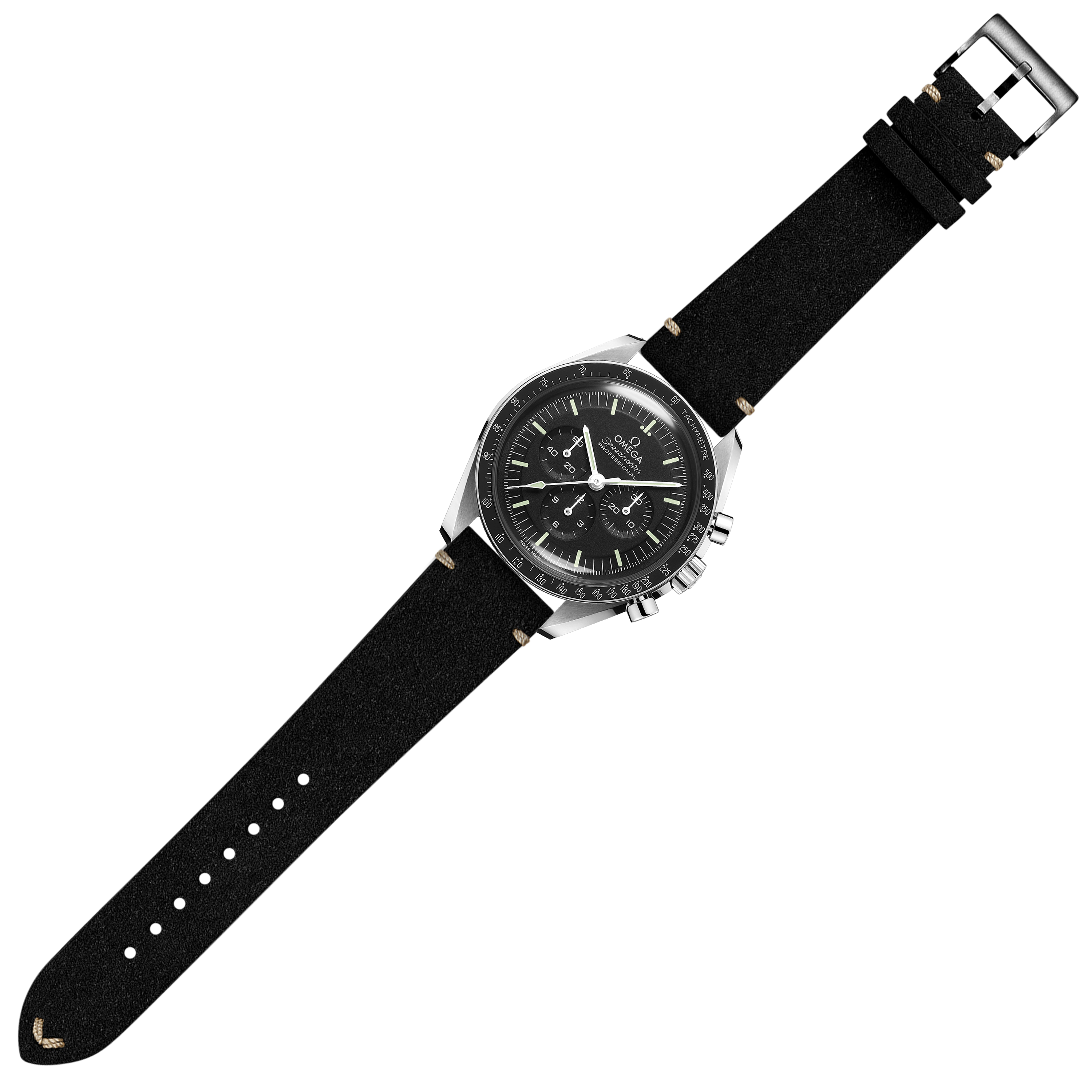 Black Alcantara leather quick release watch strap with vintage styling and chrome buckle
