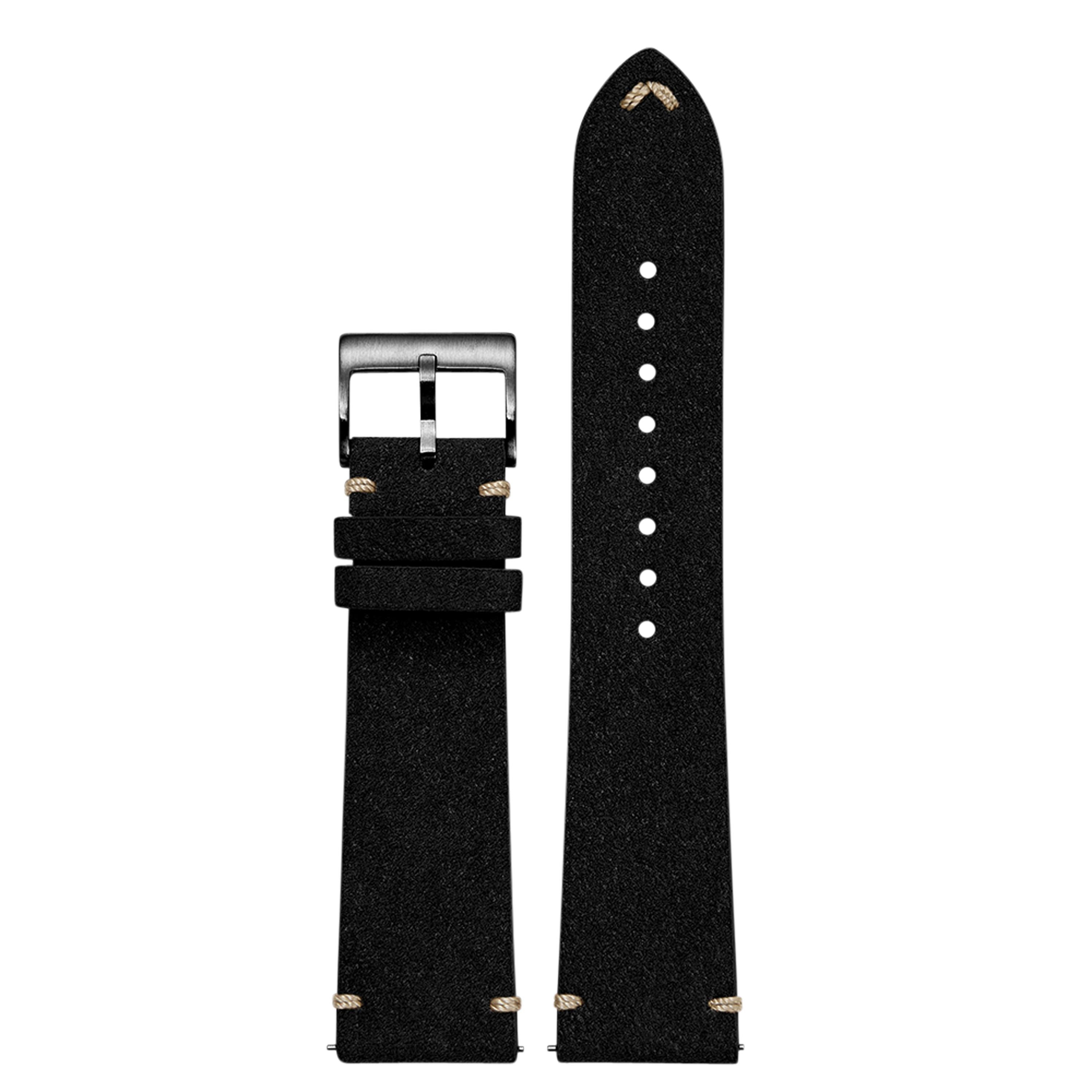 Black Alcantara leather 20mm quick-fit watch band with stainless steel buckle, vintage style with tan accent stitching