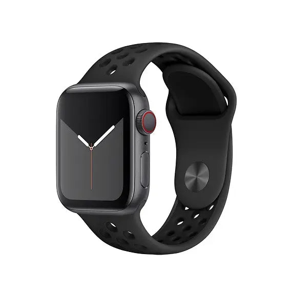 Black sport silicone smartwatch band with perforated design and digital watch face displaying time