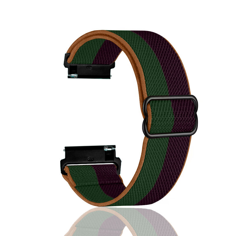 Weaved elastic loop smartwatch band with quick release in green, burgundy and tan striped pattern