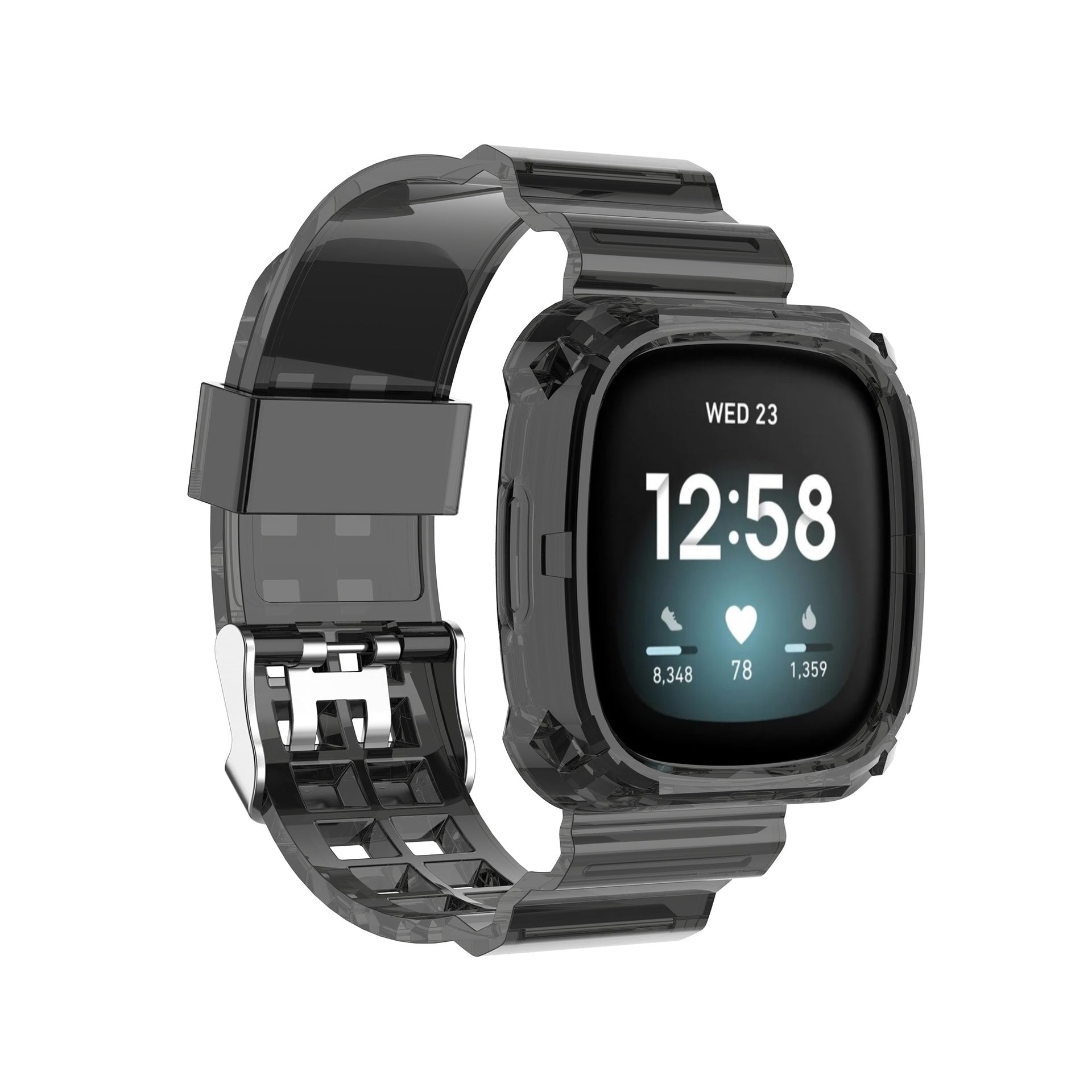 Transparent rugged protective case and strap for Fitbit Versa 3, Versa 4, and Sense smartwatch in black with time display