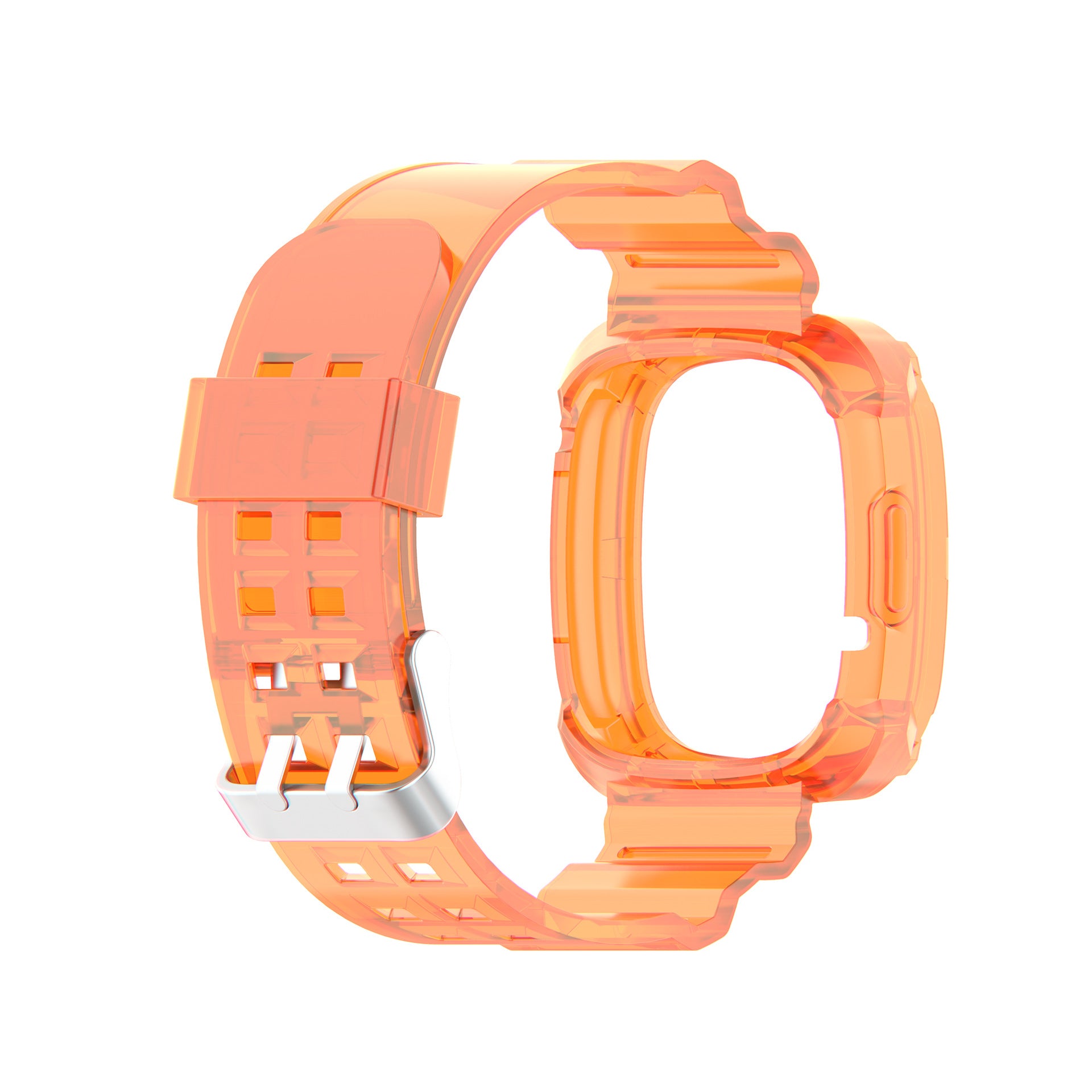 Transparent coral orange silicone case and strap band for Fitbit Versa 3 4 and Sense smartwatch with buckle clasp