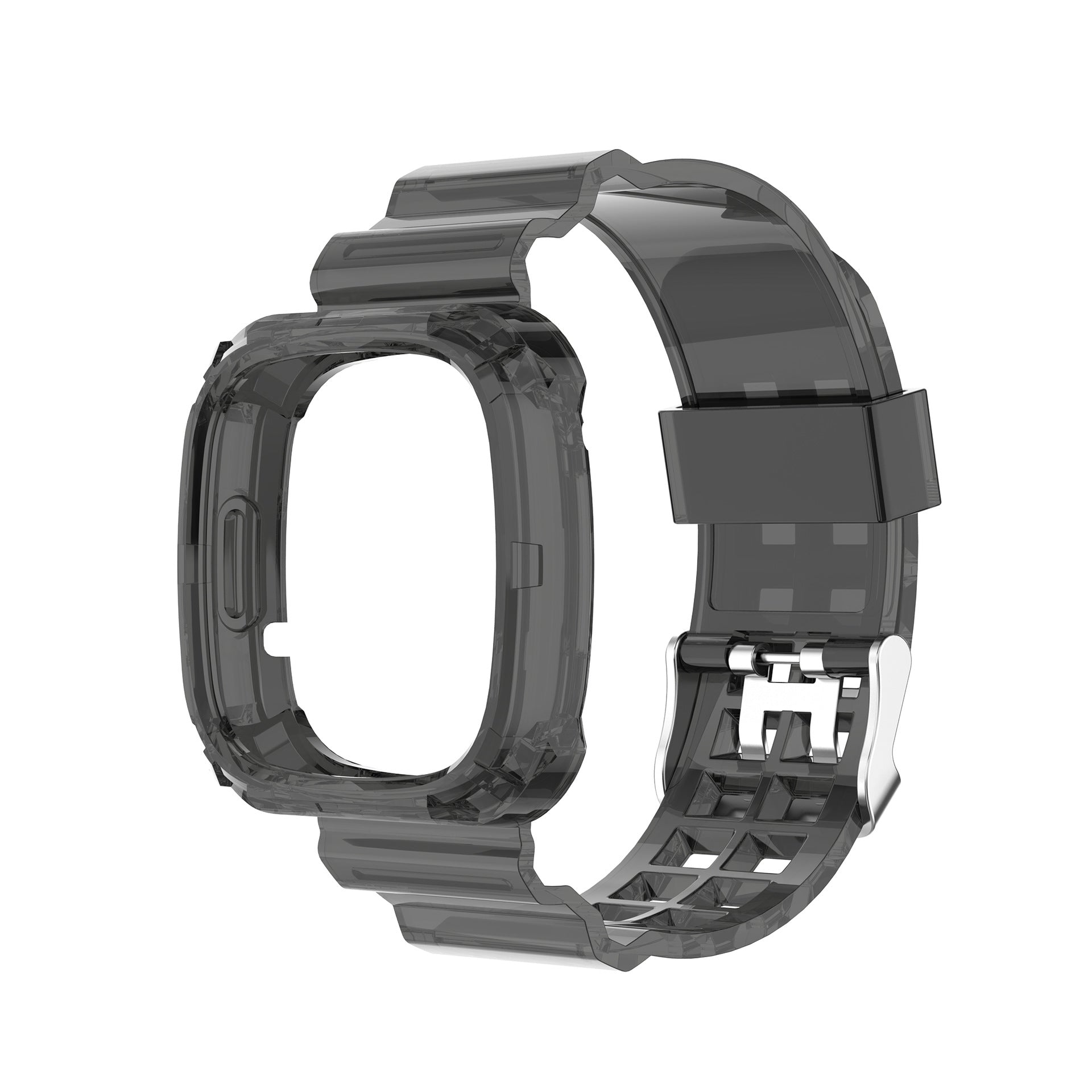 Transparent black protective case and replacement strap band for Fitbit Versa 3, Versa 4, and Sense smartwatch with metal buckle clasp