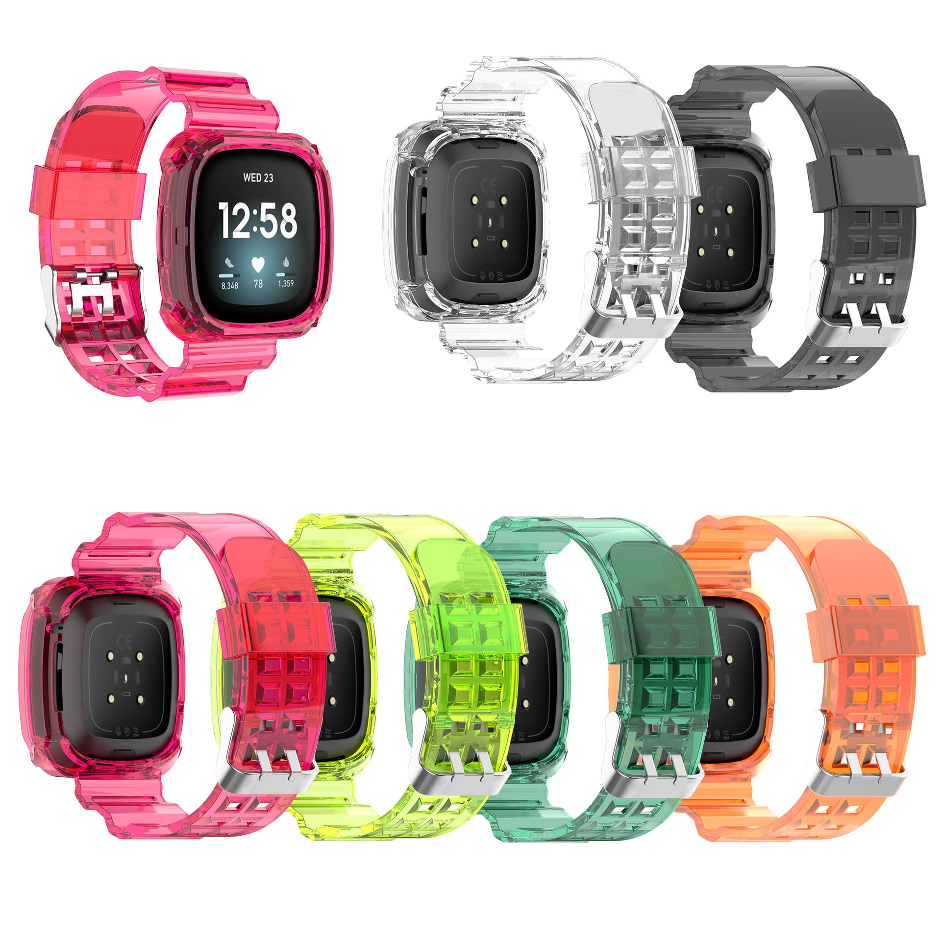 Transparent protective cases and bands for smartwatches in pink, clear, black, yellow, green and orange colors