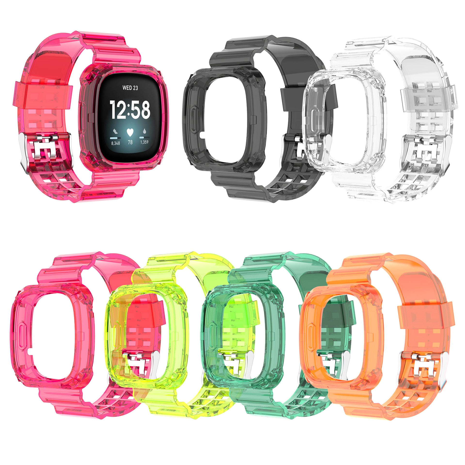 Colorful transparent protective cases and bands for Fitbit smartwatch in pink, black, clear, yellow, green and orange colors