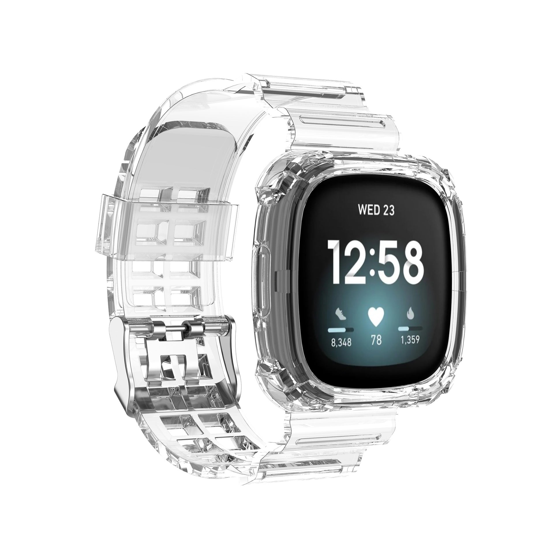 Clear protective case and band for Fitbit Versa 3 4 and Sense smartwatch showing time 12:58 with health metrics display