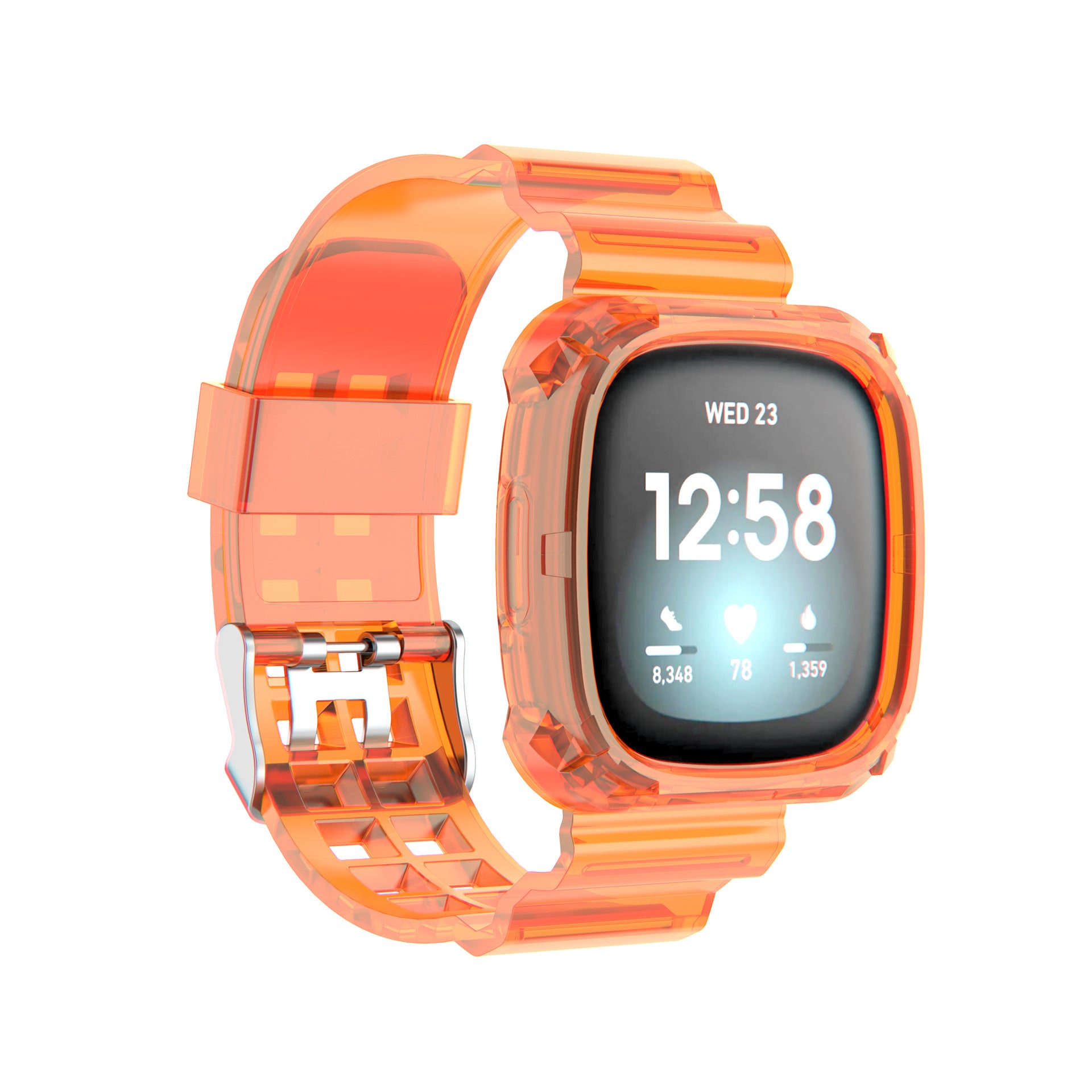 Transparent orange smartwatch case and band for Fitbit Versa 3, 4, and Sense displaying time and fitness metrics on screen