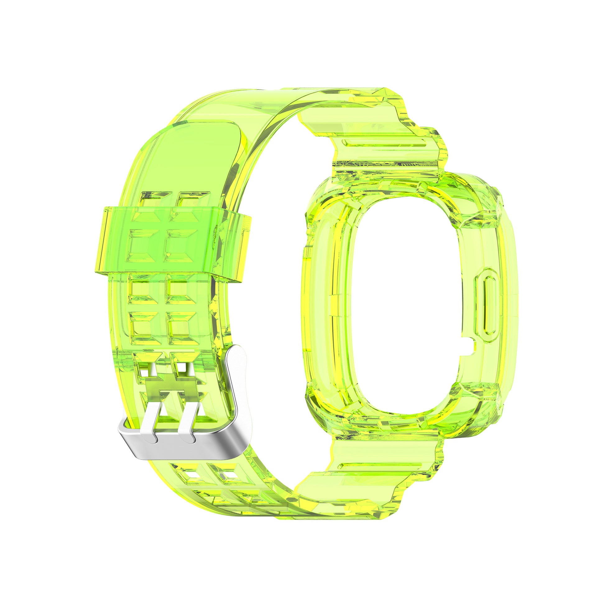 Neon yellow transparent TPU case and sport band for Fitbit Versa and Sense smartwatch with metal buckle clasp